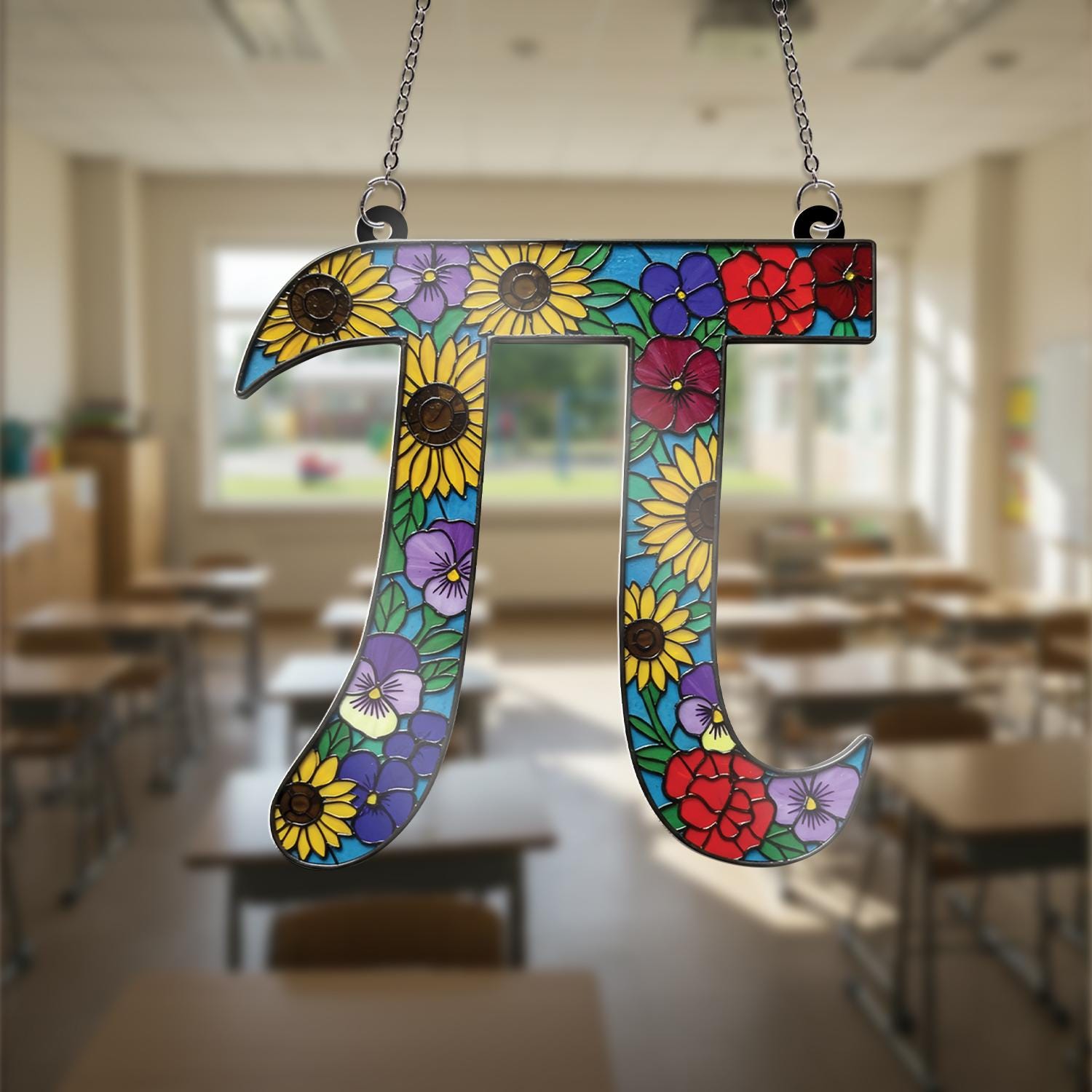 Floral Pi Symbol Acrylic Window Hanging, Math Teacher Gift, Unique Classroom Decor,Floral Teacher Gift, Appreciation Gift, End Of Year Gift