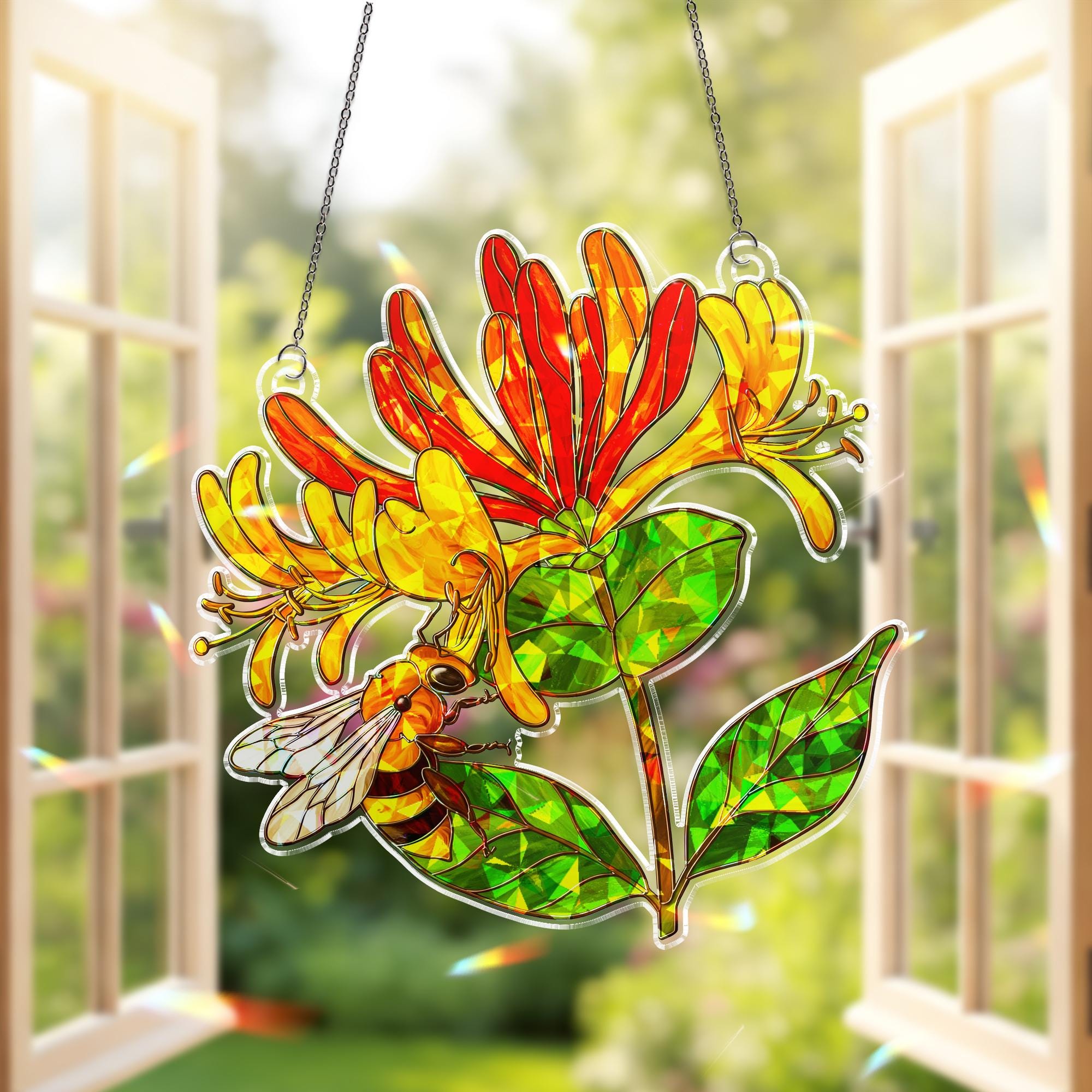 Honeysuckle Flower & Bee Acrylic Window Hanging, Hologram Ornament Decor, Gift for Mom, Gardener, Birth Flower, June Birthday Gift