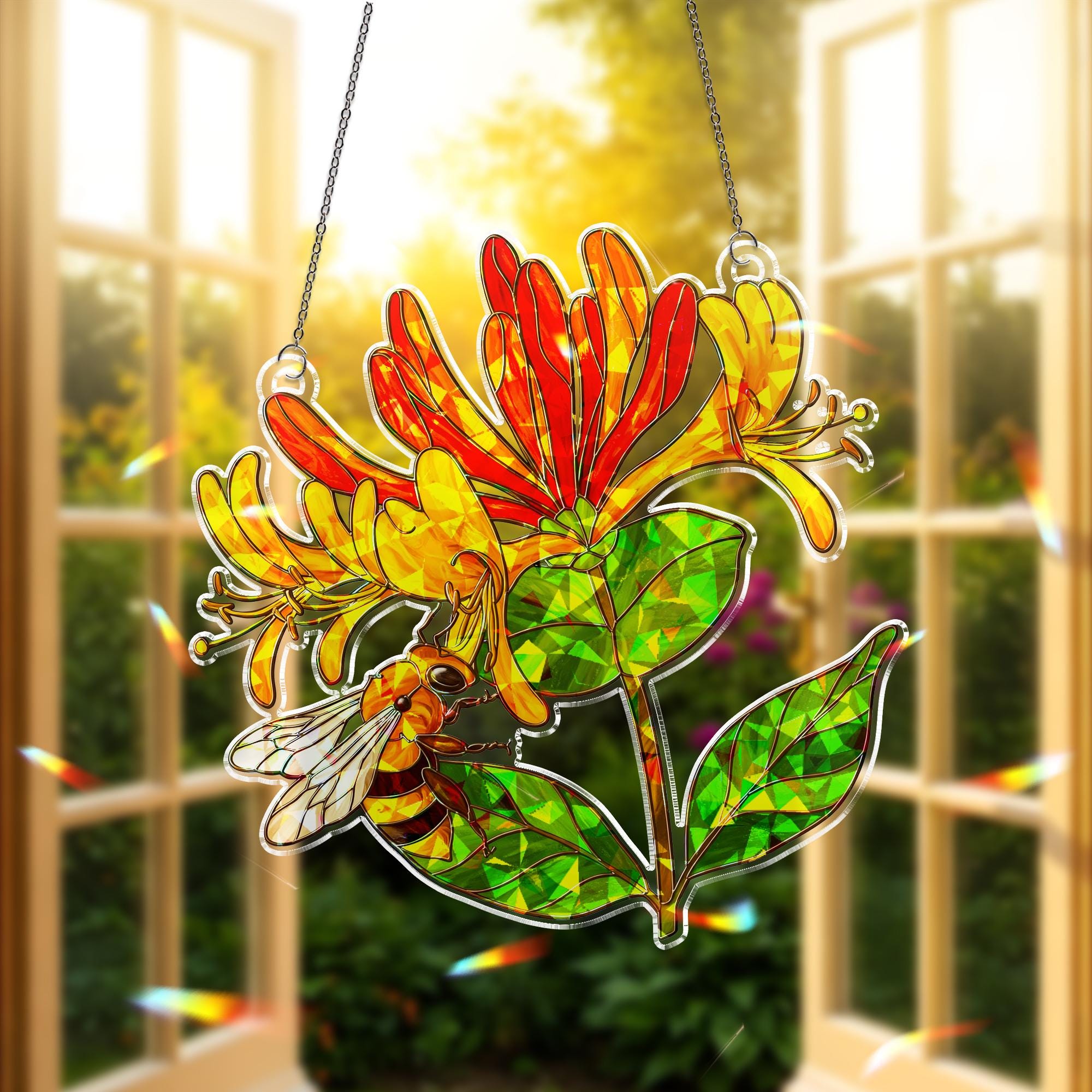 Honeysuckle Flower & Bee Acrylic Window Hanging, Hologram Ornament Decor, Gift for Mom, Gardener, Birth Flower, June Birthday Gift