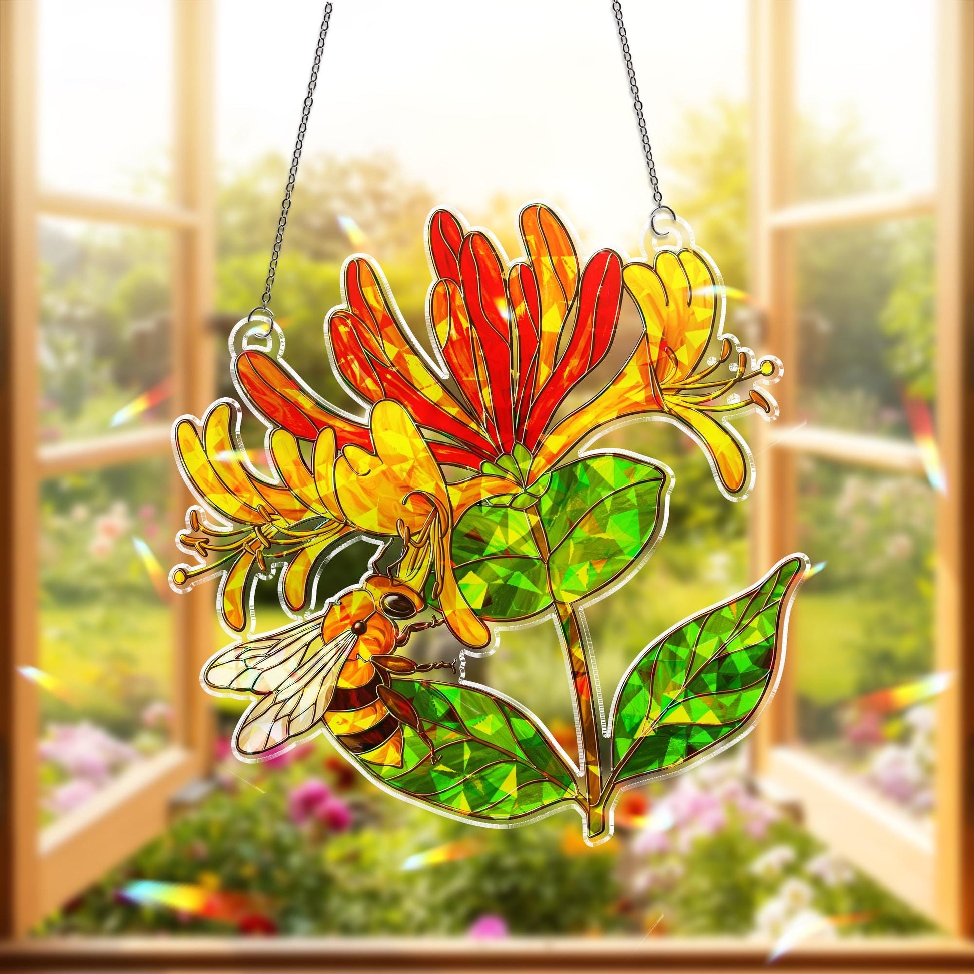 Honeysuckle Flower & Bee Acrylic Window Hanging, Hologram Ornament Decor, Gift for Mom, Gardener, Birth Flower, June Birthday Gift