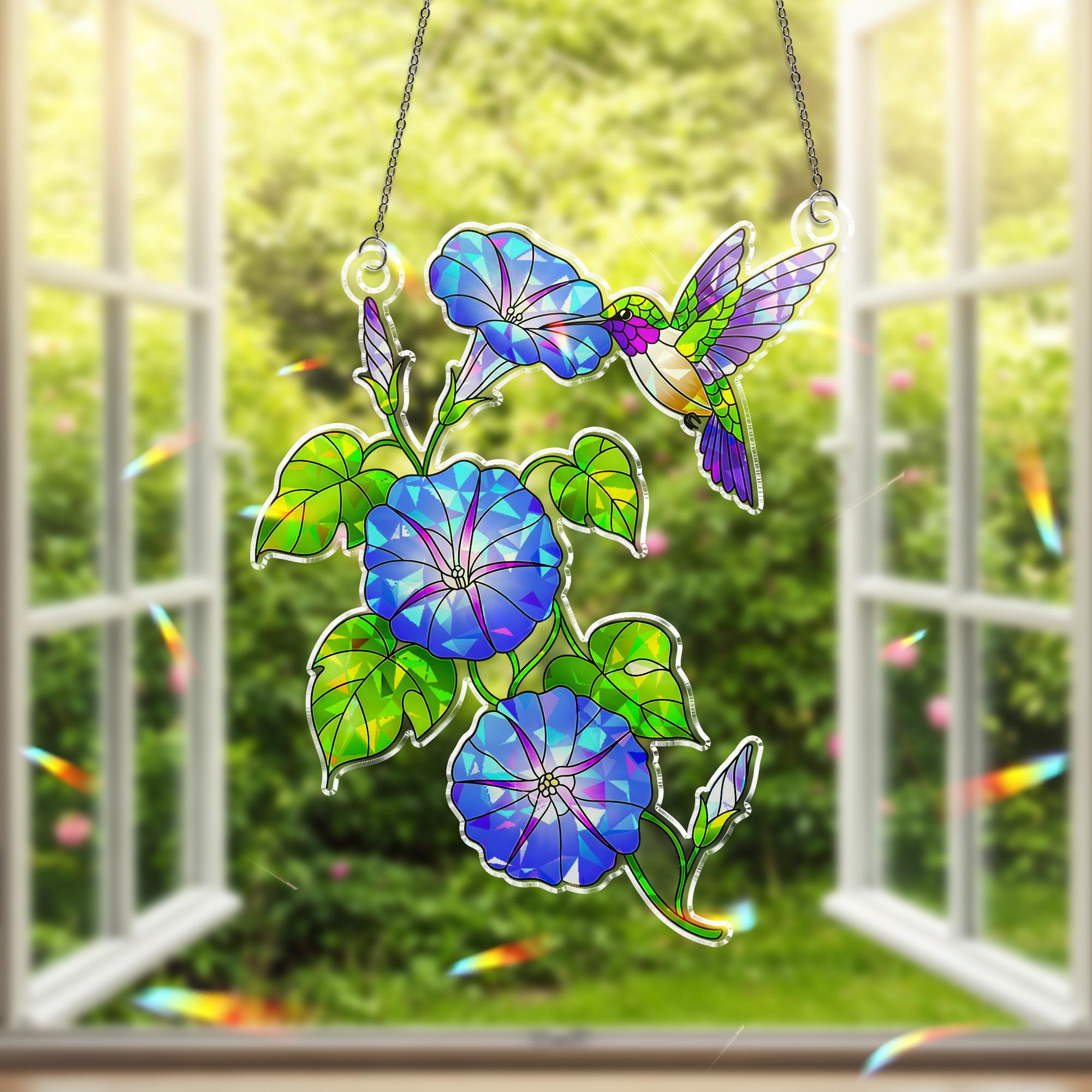 Morning Glory & Hummingbird Acrylic Window Hanging, Hologram Ornament Decor, Gift for Mom, Gardener, Birth Flower, September Birthday Gift