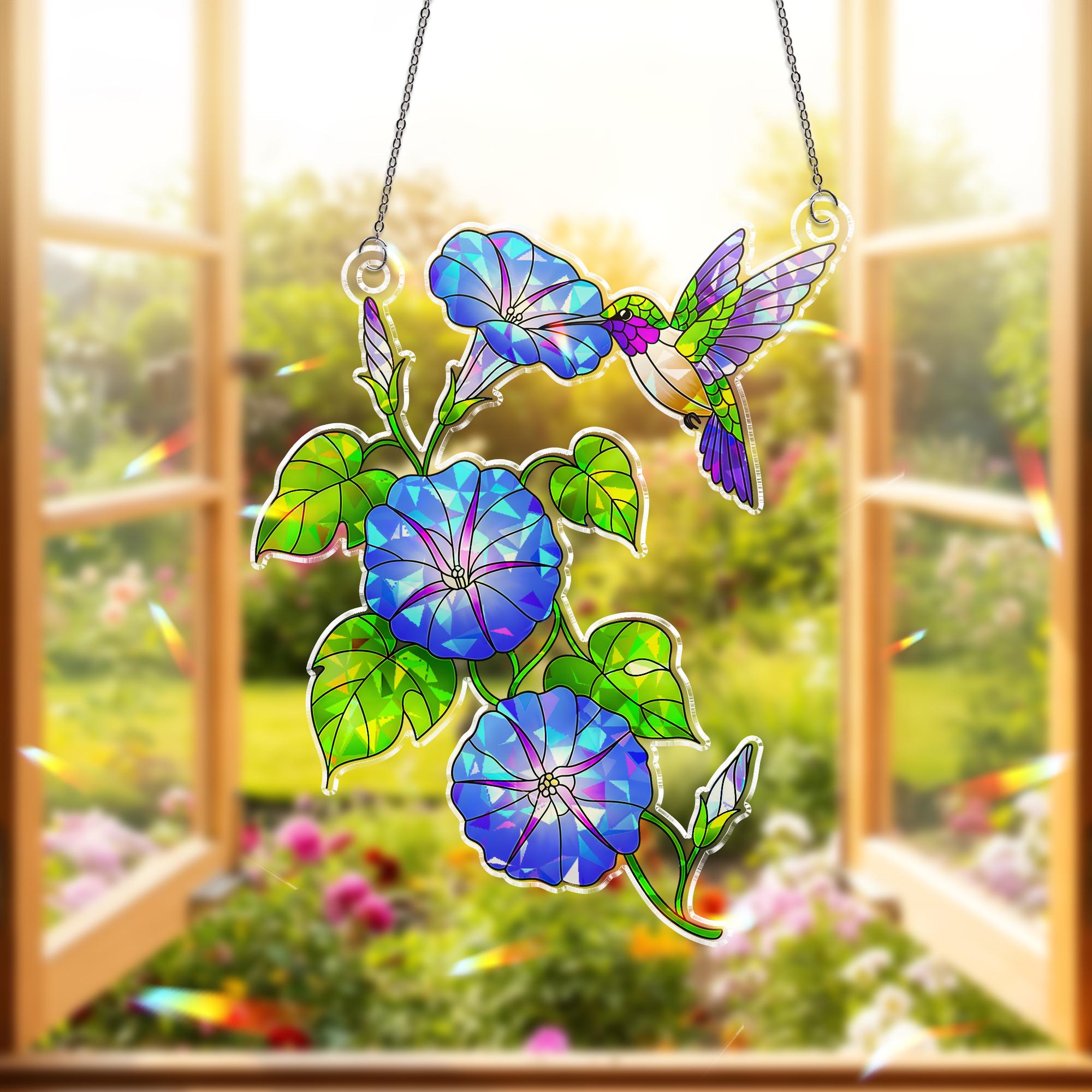 Morning Glory & Hummingbird Acrylic Window Hanging, Hologram Ornament Decor, Gift for Mom, Gardener, Birth Flower, September Birthday Gift