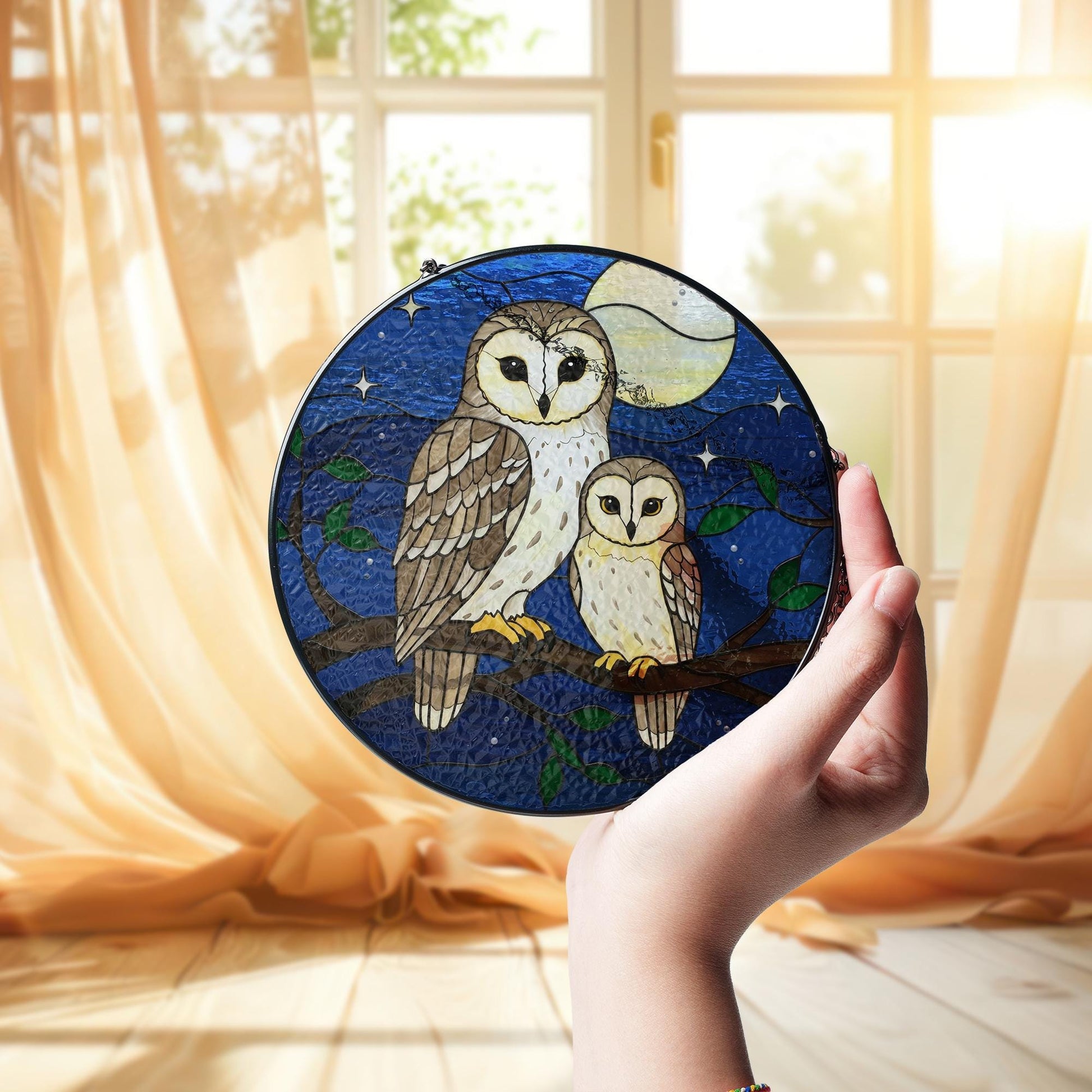 Owl Mom and Child Night Glass Suncatcher Window Hanging, Gift for Mom, Mother's Day Decor, Moonlight Forest Animal Ornament, Wildlife Animal