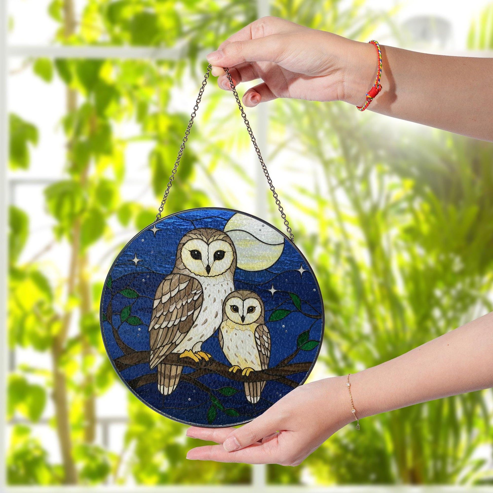 Owl Mom and Child Night Glass Suncatcher Window Hanging, Gift for Mom, Mother's Day Decor, Moonlight Forest Animal Ornament, Wildlife Animal