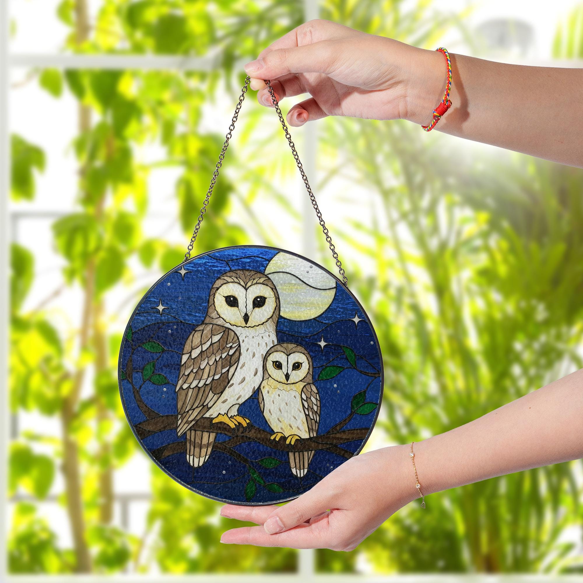 Owl Mom and Child Night Glass Suncatcher Window Hanging, Gift for Mom, Mother's Day Decor, Moonlight Forest Animal Ornament, Wildlife Animal