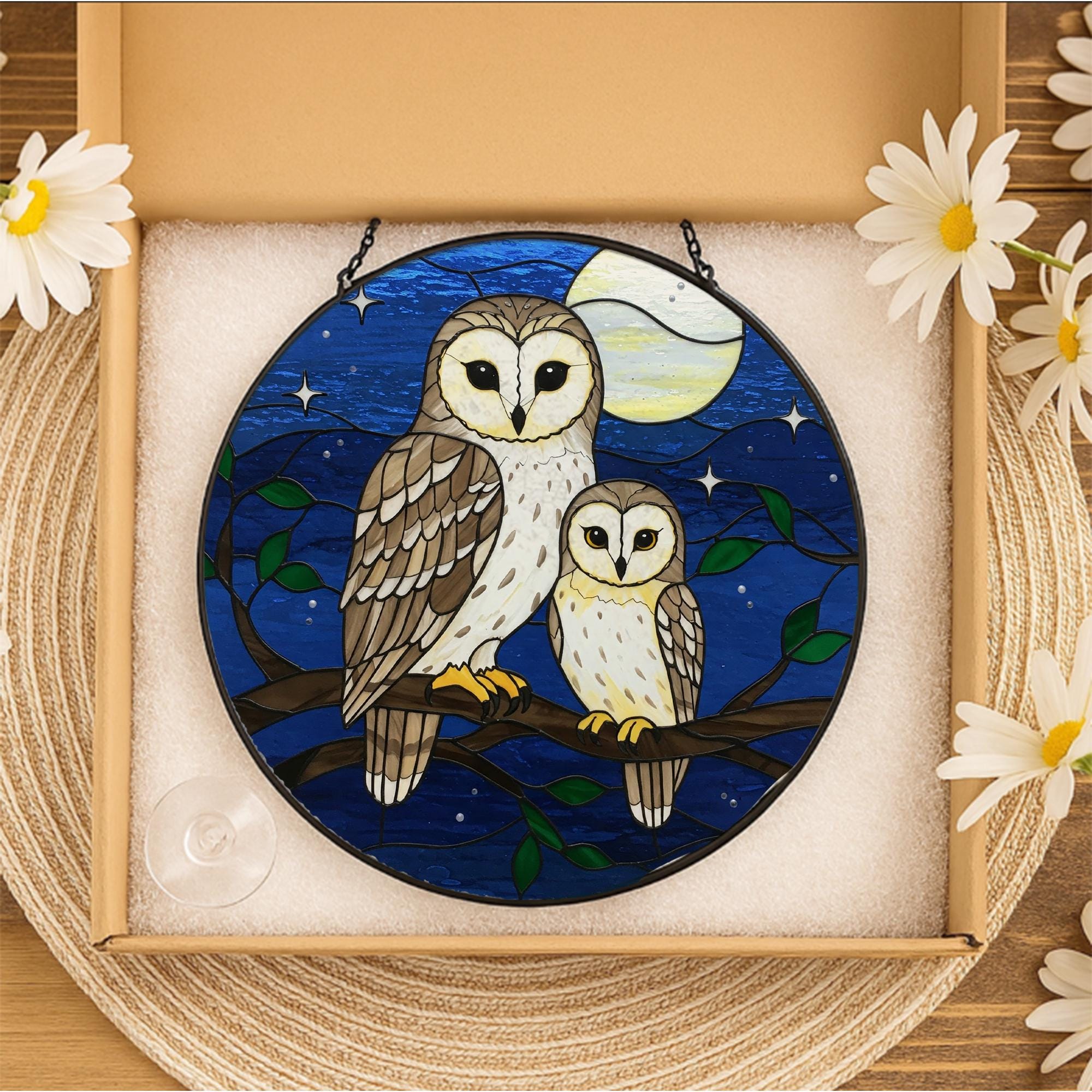 Owl Mom and Child Night Glass Suncatcher Window Hanging, Gift for Mom, Mother's Day Decor, Moonlight Forest Animal Ornament, Wildlife Animal