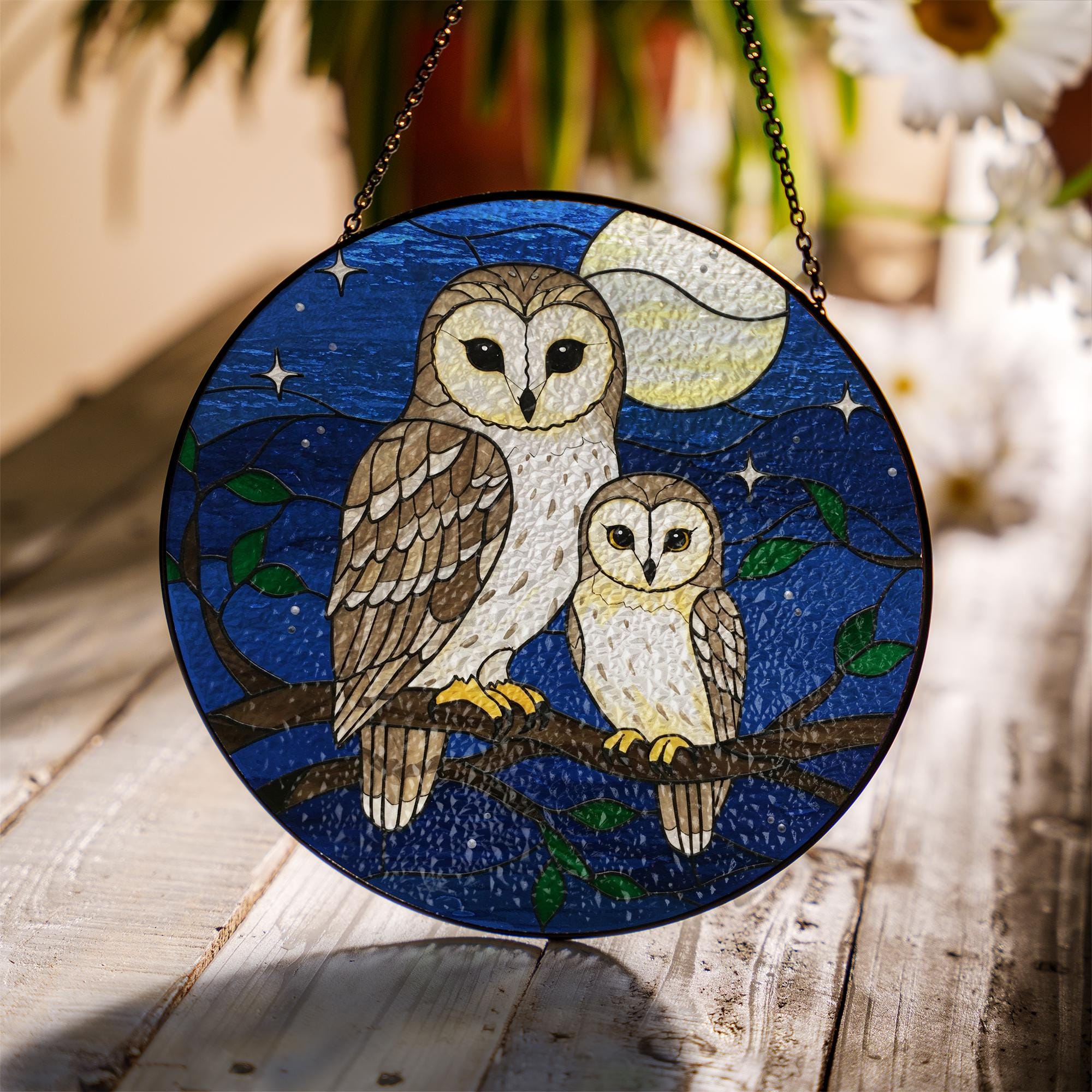 Owl Mom and Child Night Glass Suncatcher Window Hanging, Gift for Mom, Mother's Day Decor, Moonlight Forest Animal Ornament, Wildlife Animal