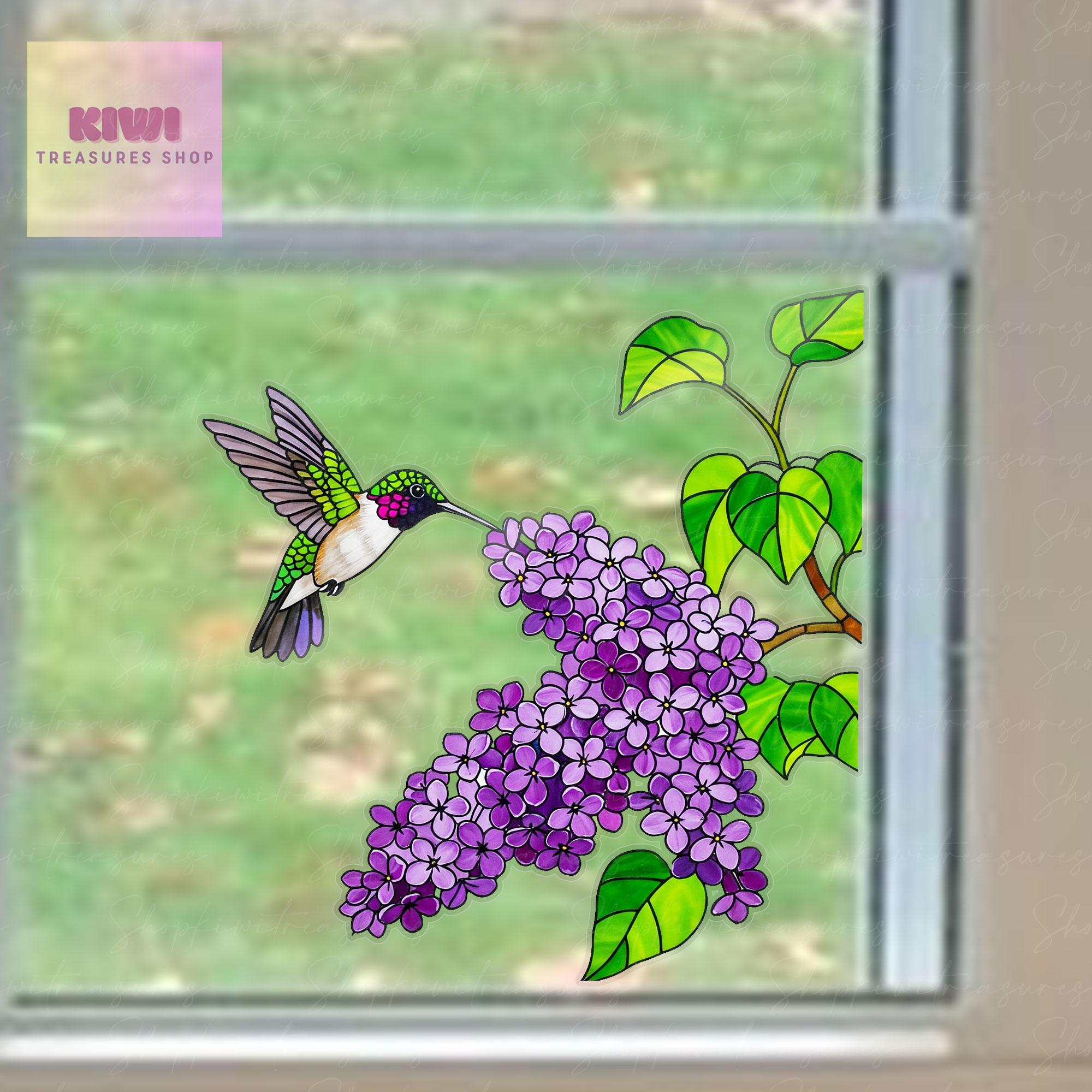 Hummingbird and Lilac Transparent Vinyl Window Decal – Floral Bird Suncatcher Sticker Gift for Mom on Mother's Day