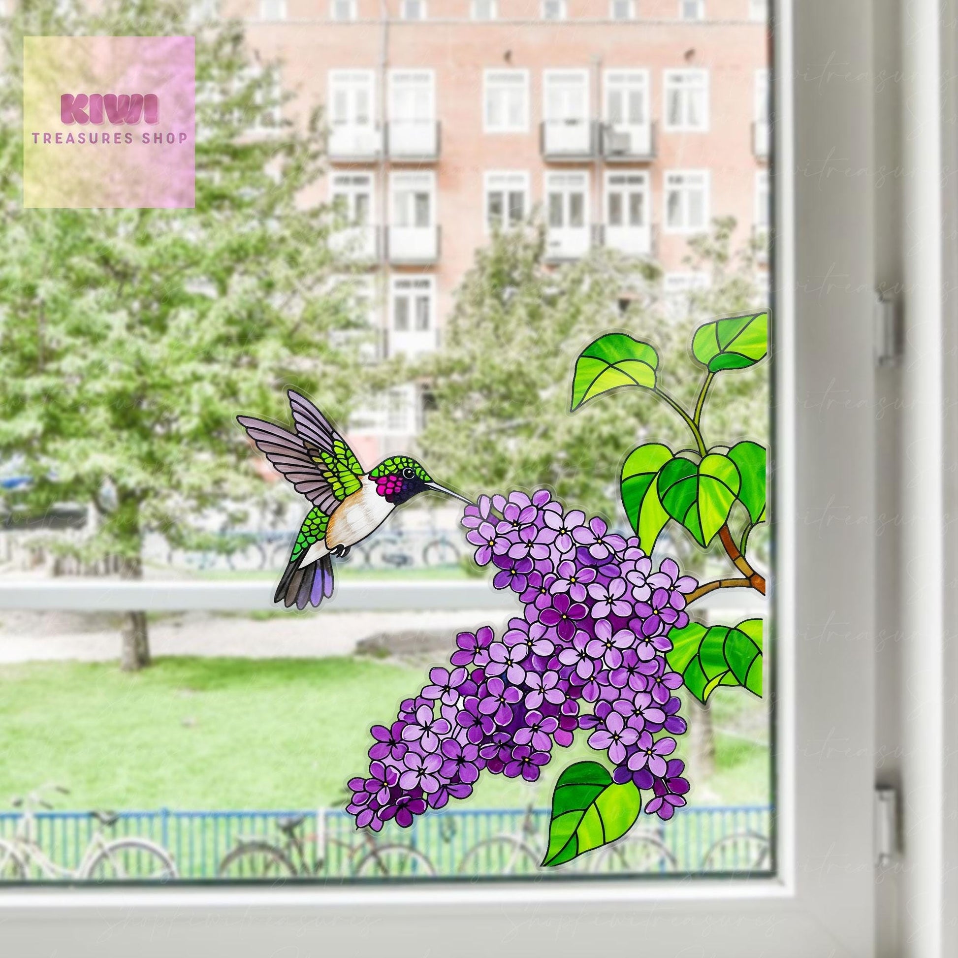 Hummingbird and Lilac Transparent Vinyl Window Decal – Floral Bird Suncatcher Sticker Gift for Mom on Mother's Day
