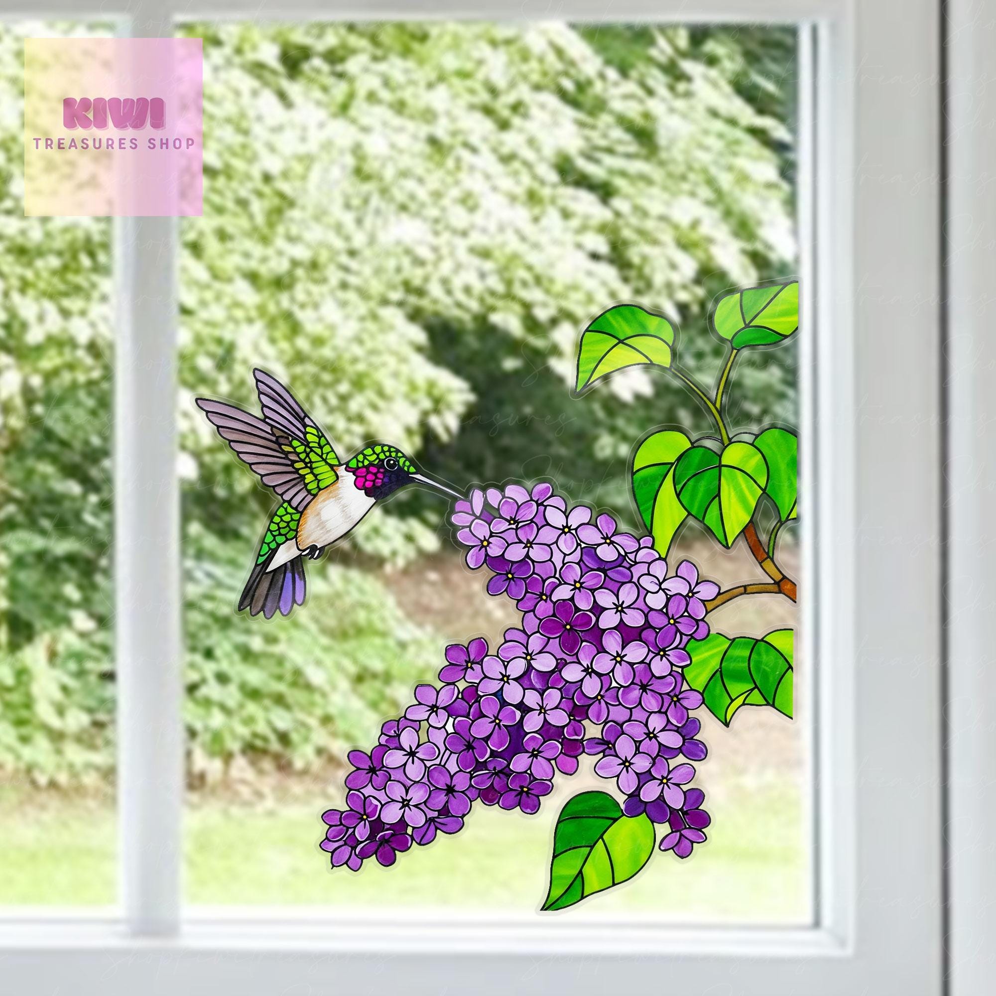 Hummingbird and Lilac Transparent Vinyl Window Decal – Floral Bird Suncatcher Sticker Gift for Mom on Mother's Day