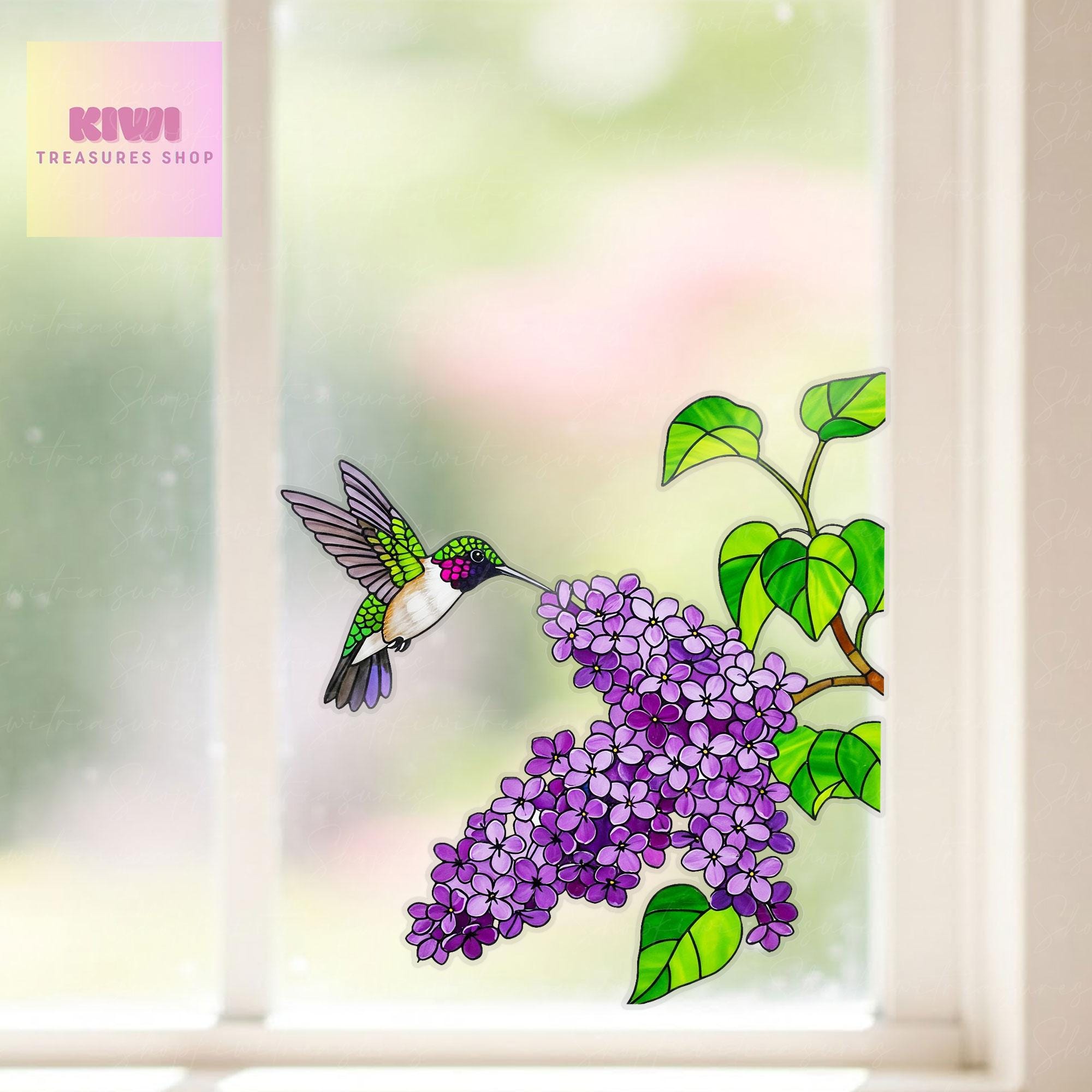 Hummingbird and Lilac Transparent Vinyl Window Decal – Floral Bird Suncatcher Sticker Gift for Mom on Mother's Day