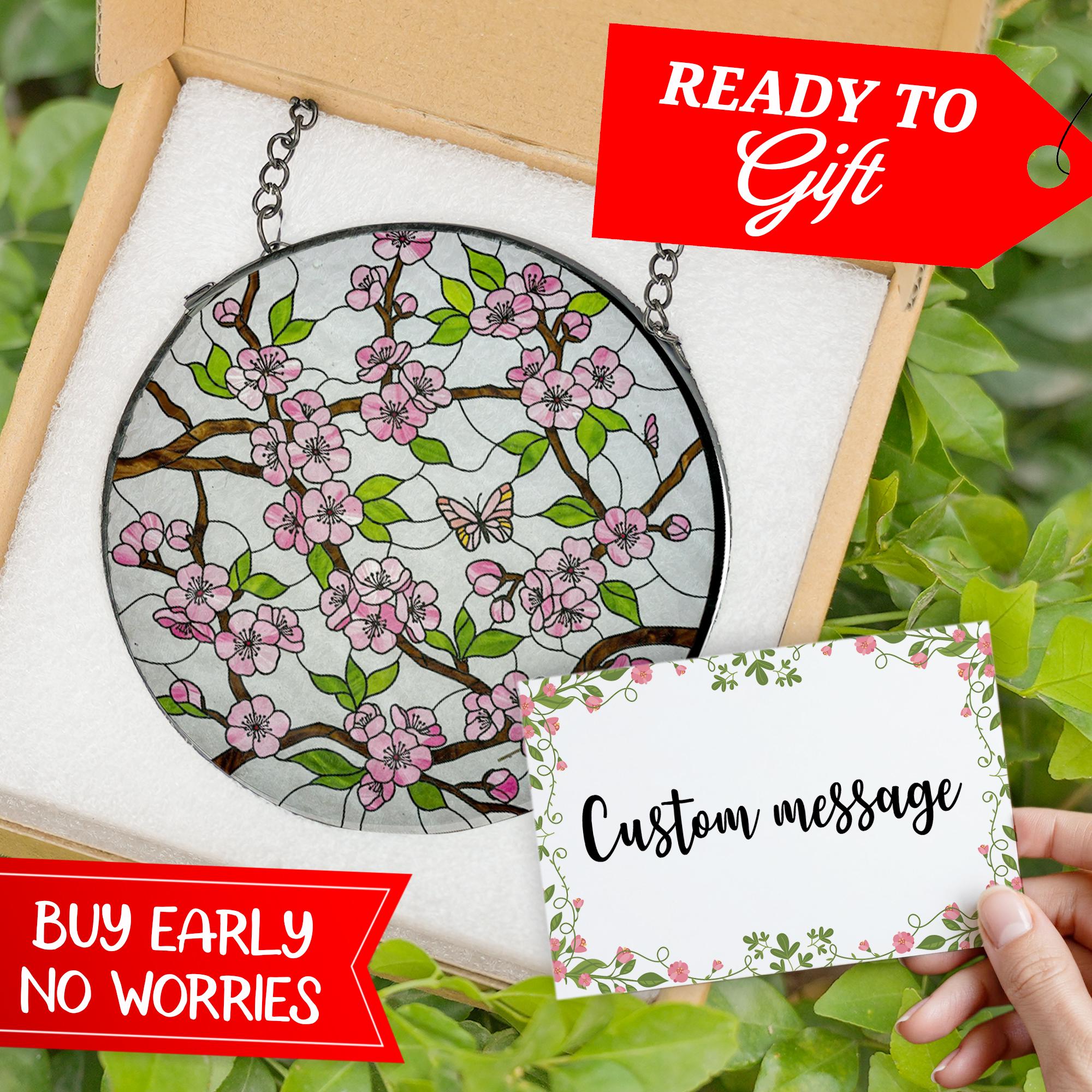 Cherry Blossom Glass Suncatcher – Floral Window Art Gift for Mom, Grandma, or Birthday Decor