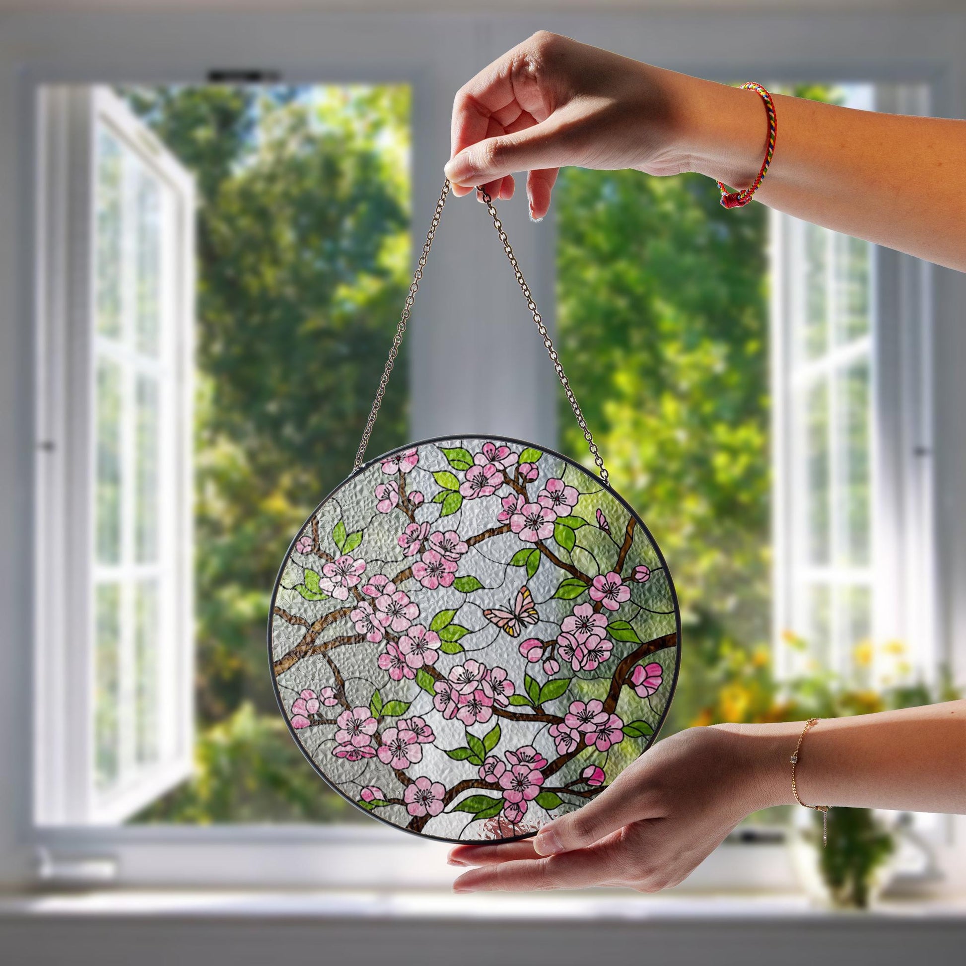 Cherry Blossom Glass Suncatcher – Floral Window Art Gift for Mom, Grandma, or Birthday Decor