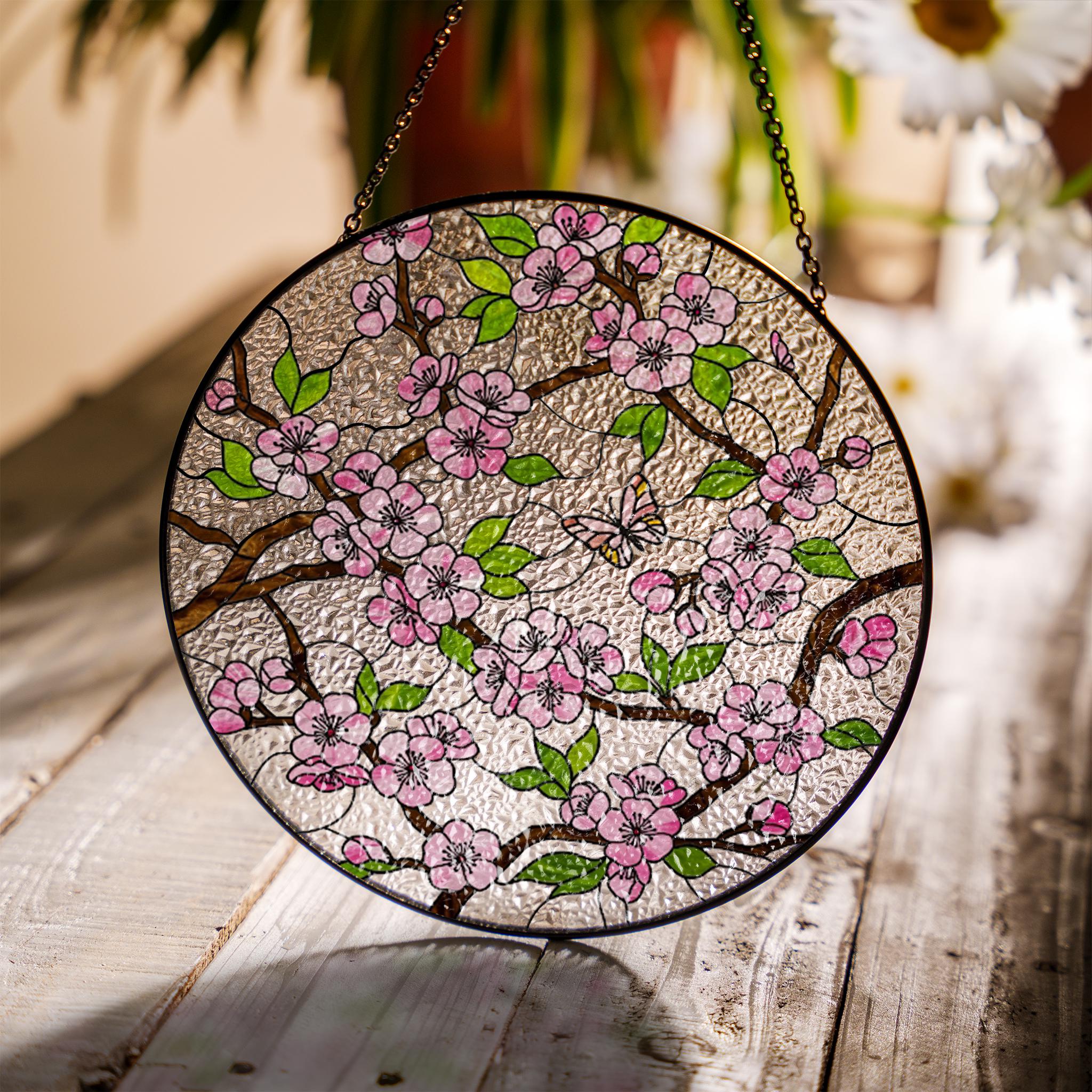 Cherry Blossom Glass Suncatcher – Floral Window Art Gift for Mom, Grandma, or Birthday Decor