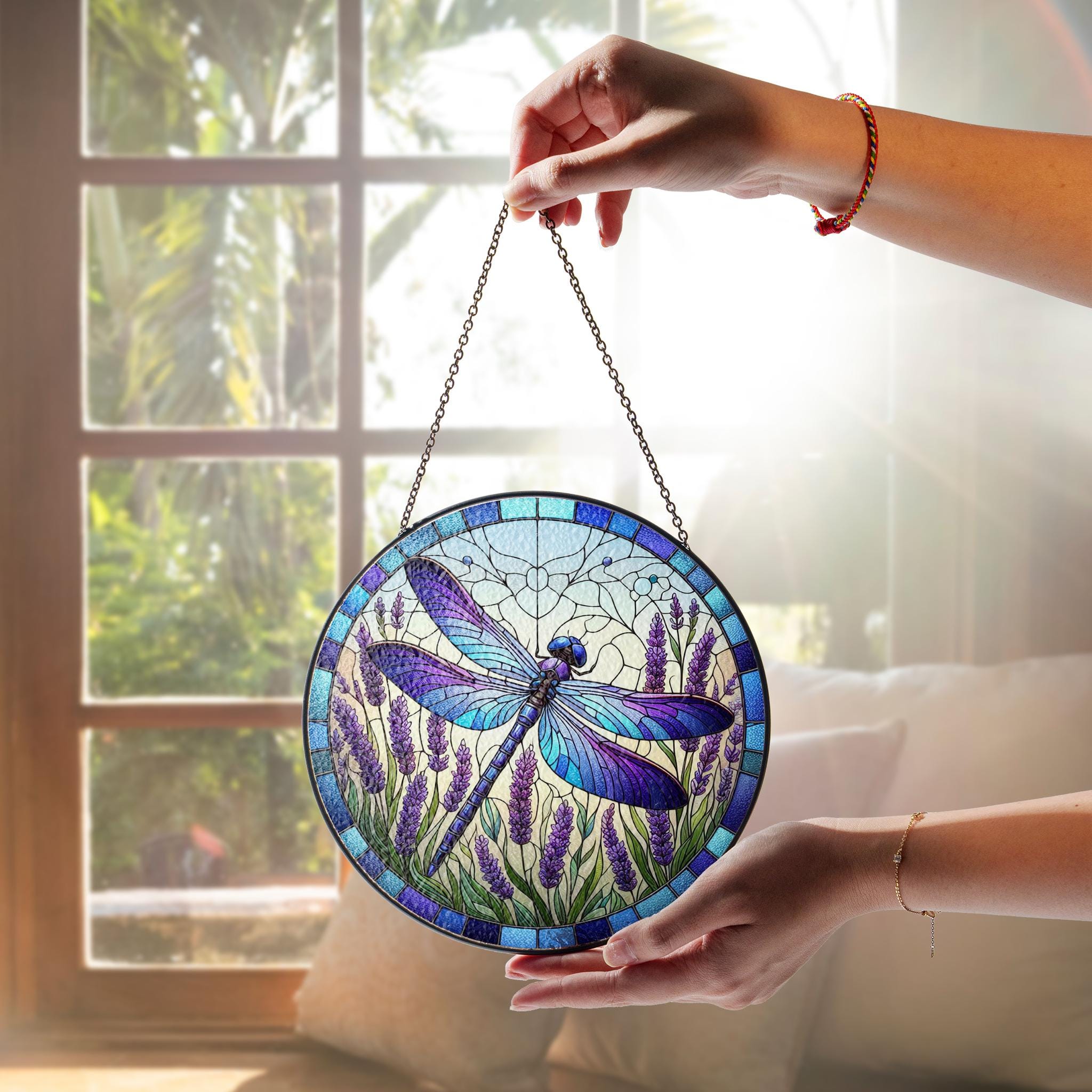 Mother's day gift 2025 - Dragonfly and lavender Glass window hanging, Dragonfly Suncatcher, Birth month flower Glass Art, gift for mom nana