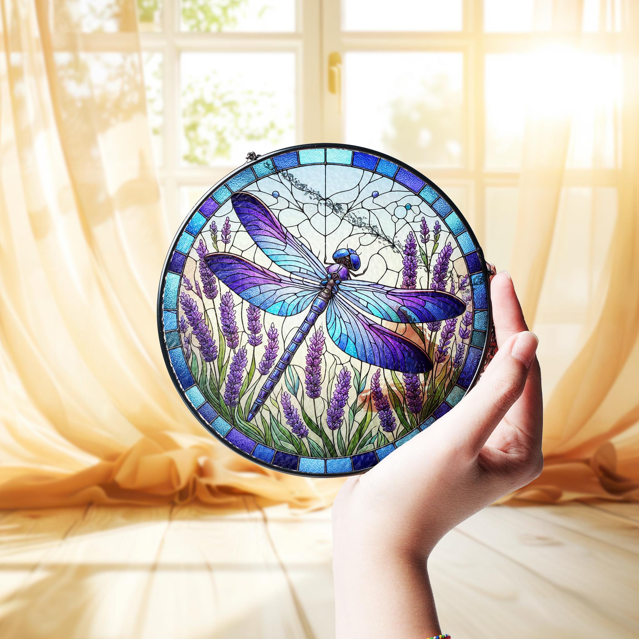 Mother's day gift 2025 - Dragonfly and lavender Glass window hanging, Dragonfly Suncatcher, Birth month flower Glass Art, gift for mom nana