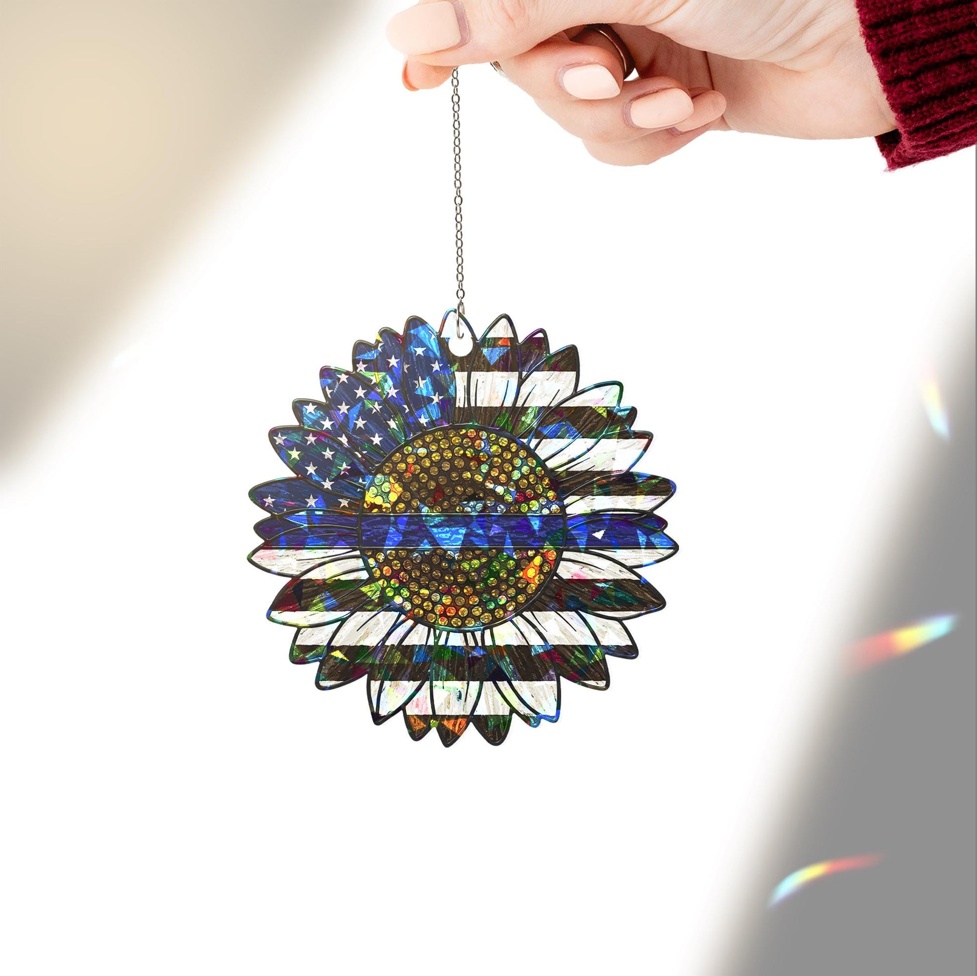 Police Mom Sunflower Suncatcher – Hologram Blue Line Acrylic Window Decor – Mother’s Day Gift from Daughter 2025