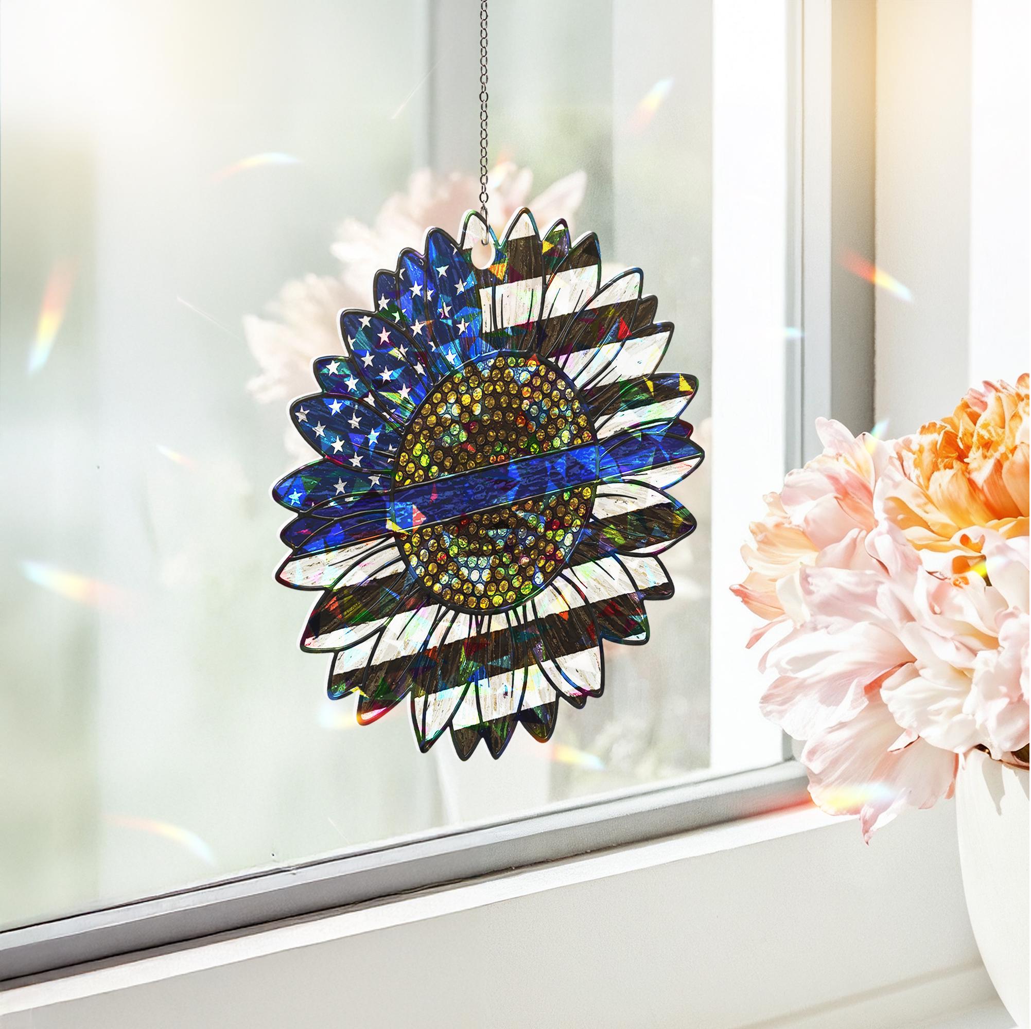Police Mom Sunflower Suncatcher – Hologram Blue Line Acrylic Window Decor – Mother’s Day Gift from Daughter 2025