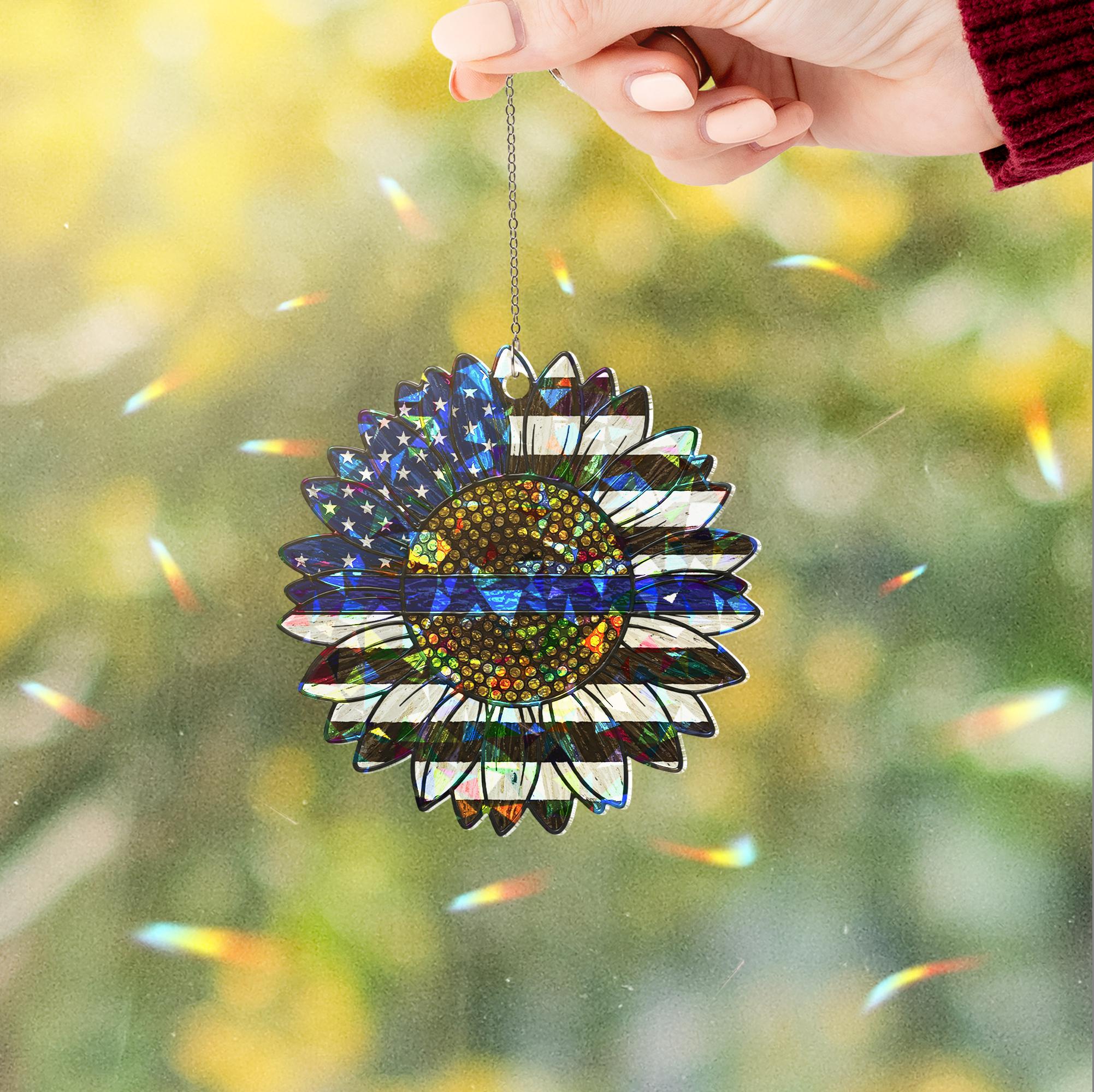 Police Mom Sunflower Suncatcher – Hologram Blue Line Acrylic Window Decor – Mother’s Day Gift from Daughter 2025