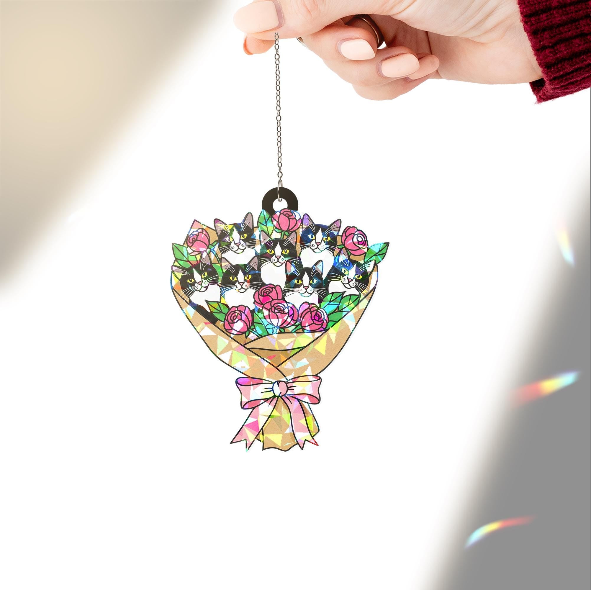 Tuxedo Cat Bouquet Holographic Acrylic Suncatcher – Holographic Window Hanging Gift for Cat Mom, Cute Floral Cat Lover Decor for Her