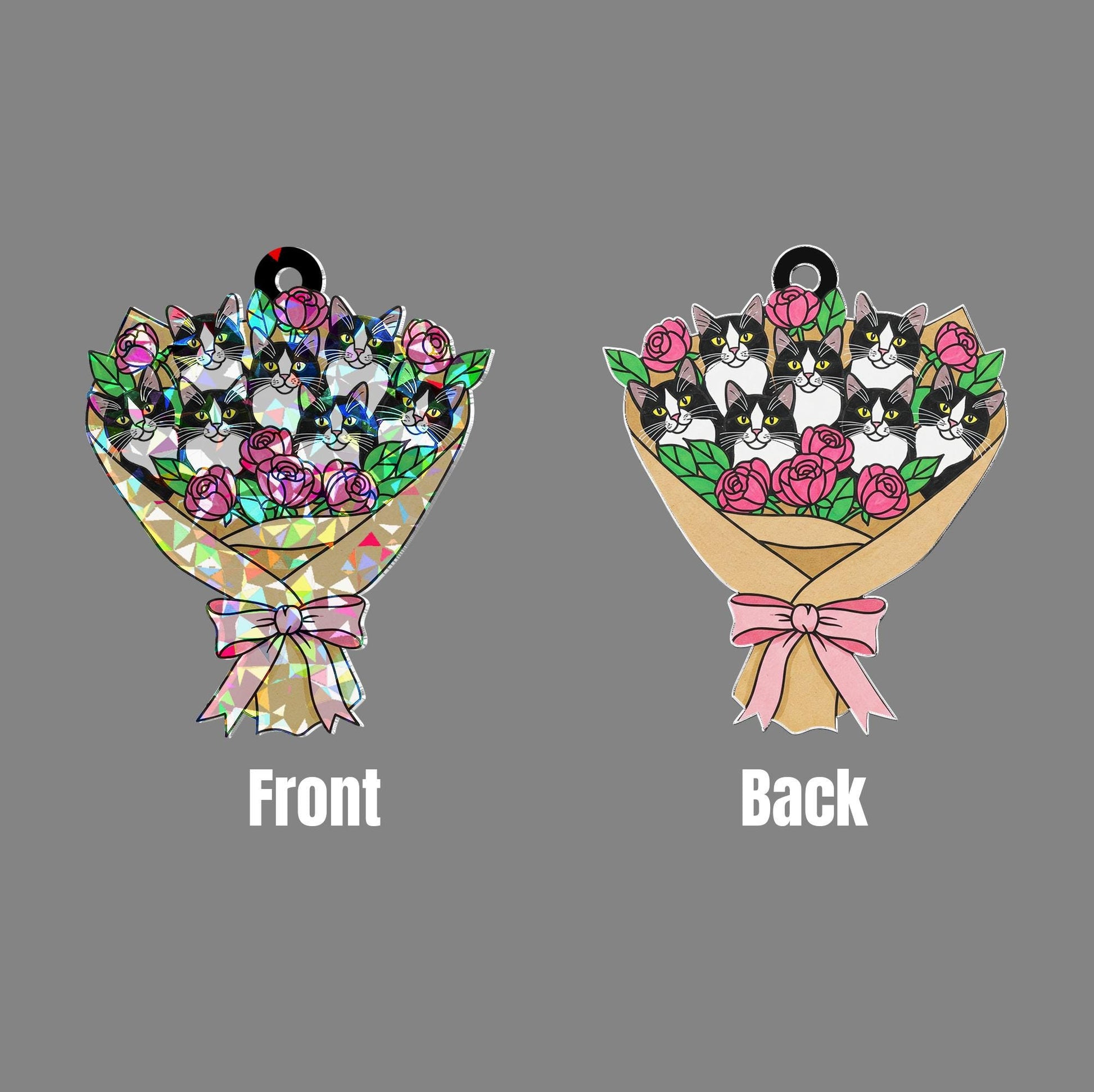 Tuxedo Cat Bouquet Holographic Acrylic Suncatcher – Holographic Window Hanging Gift for Cat Mom, Cute Floral Cat Lover Decor for Her