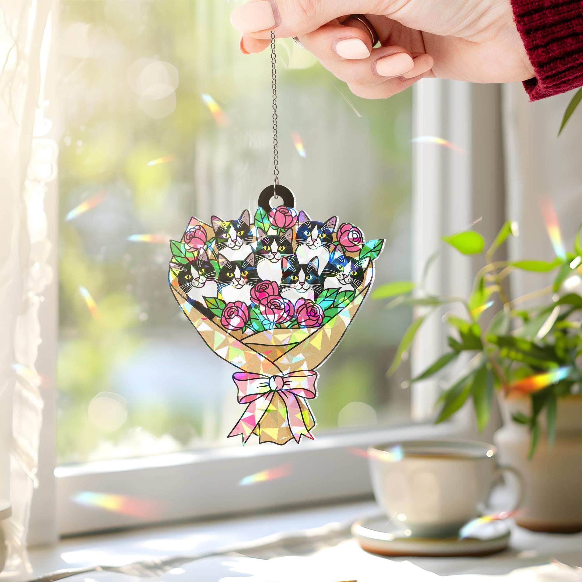 Tuxedo Cat Bouquet Holographic Acrylic Suncatcher – Holographic Window Hanging Gift for Cat Mom, Cute Floral Cat Lover Decor for Her
