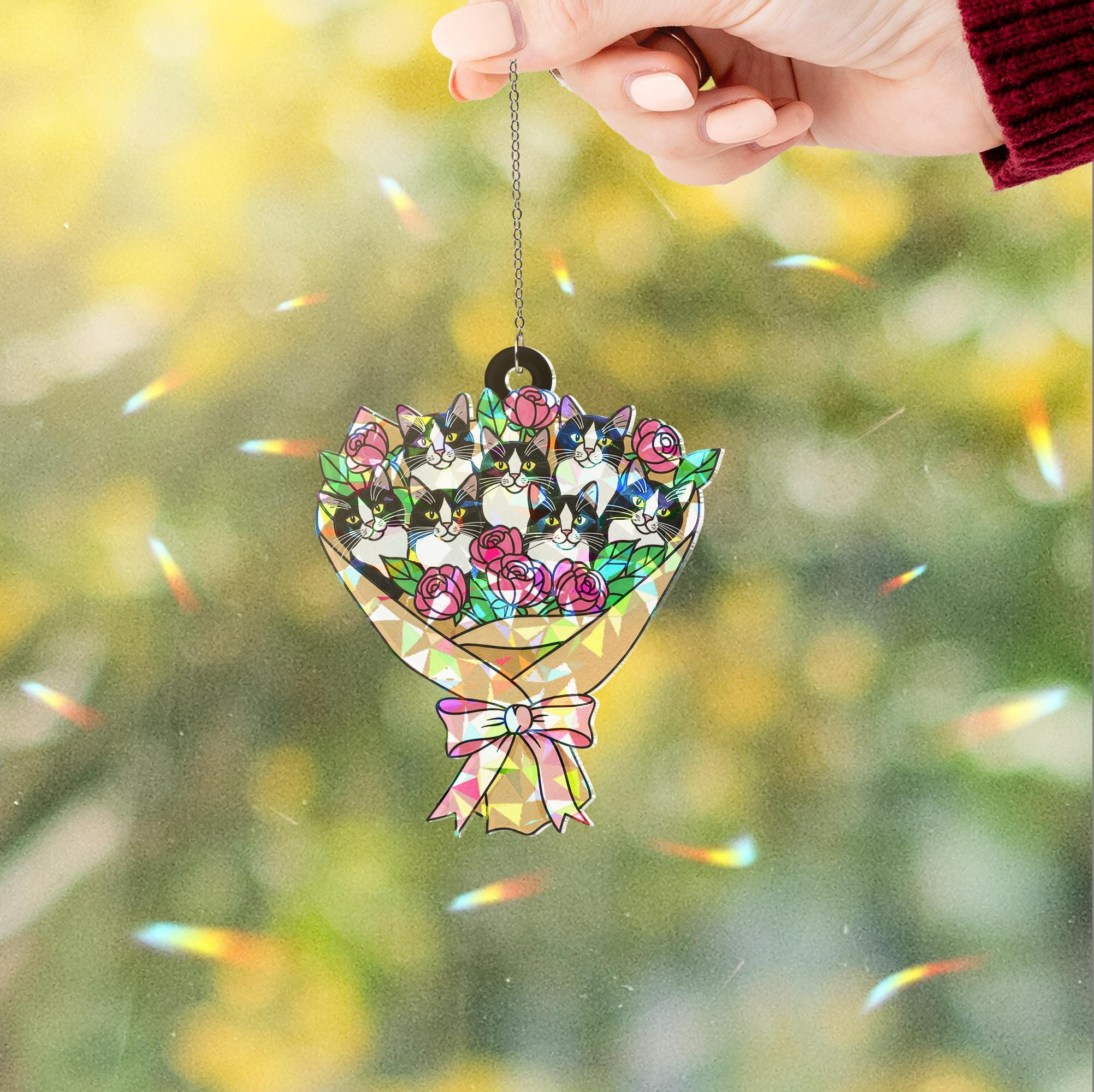 Tuxedo Cat Bouquet Holographic Acrylic Suncatcher – Holographic Window Hanging Gift for Cat Mom, Cute Floral Cat Lover Decor for Her