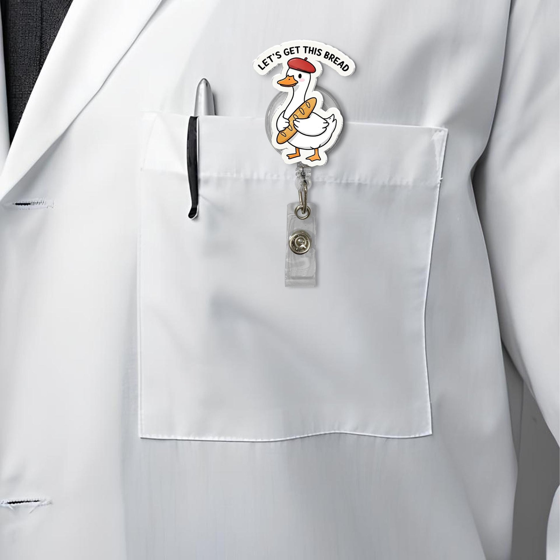 Funny Goose Bread Badge Reel – “Let’s Get This Bread” Kawaii Goose ID Holder – Cute Work Accessory for Nurses, Teachers, and Staff