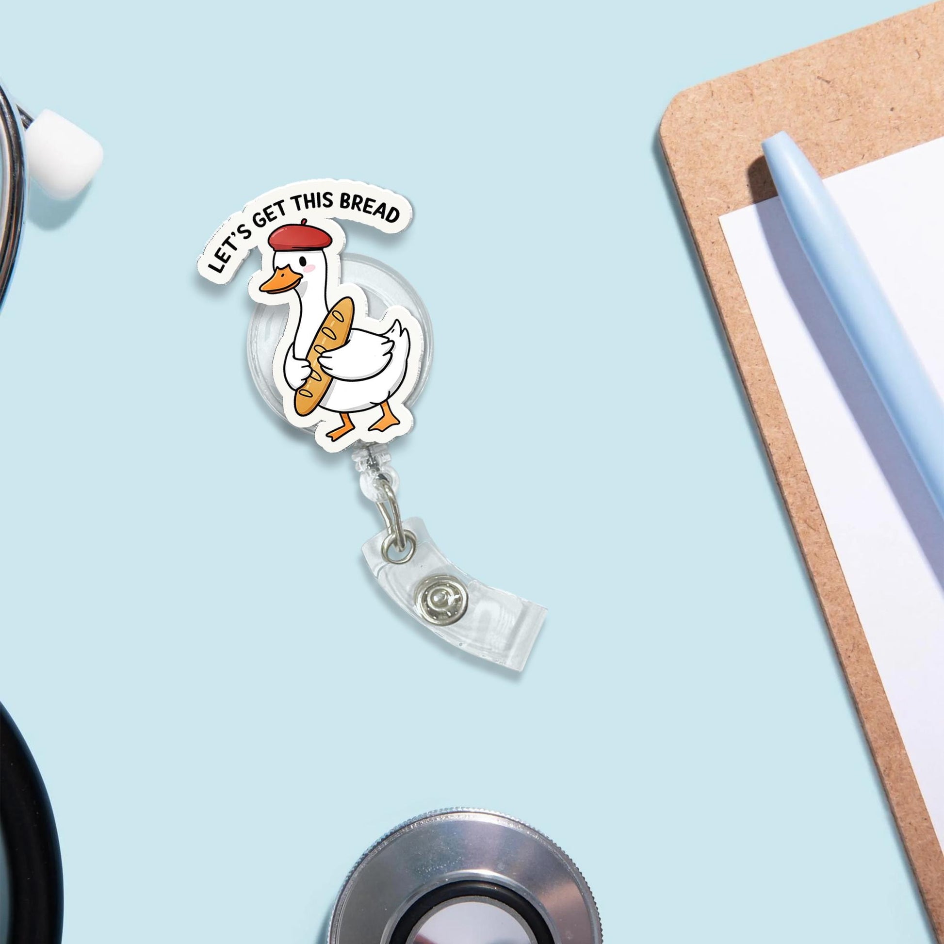 Funny Goose Bread Badge Reel – “Let’s Get This Bread” Kawaii Goose ID Holder – Cute Work Accessory for Nurses, Teachers, and Staff