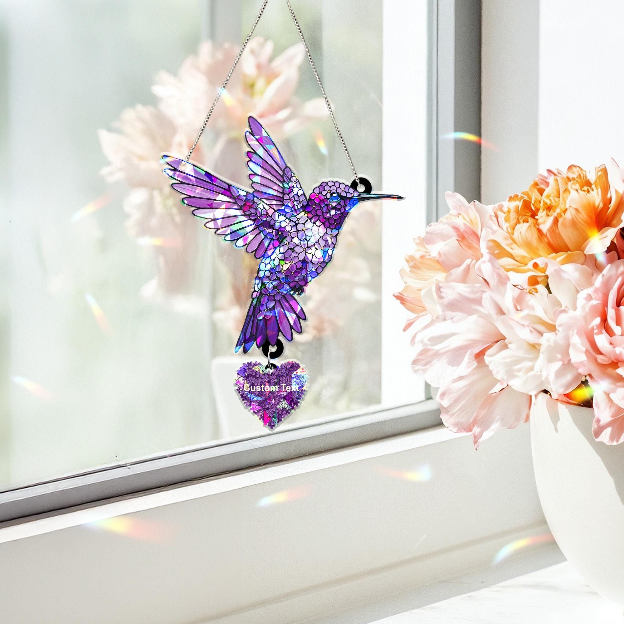 Custom Purple Lilac Hummingbird Acrylic Holographic Suncatcher Gift for Mom – Personalized Window Decor for Mother's Day