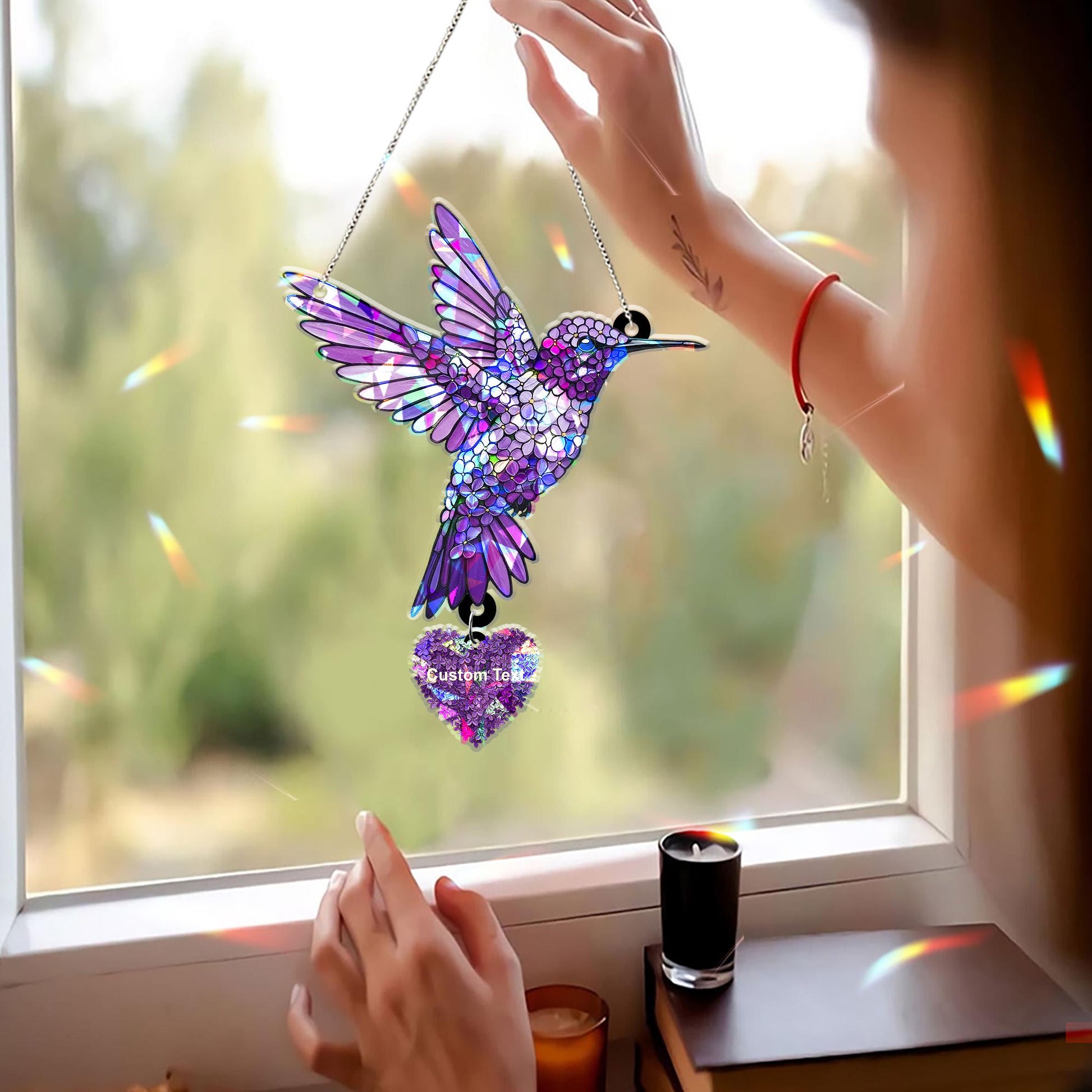 Custom Purple Lilac Hummingbird Acrylic Holographic Suncatcher Gift for Mom – Personalized Window Decor for Mother's Day