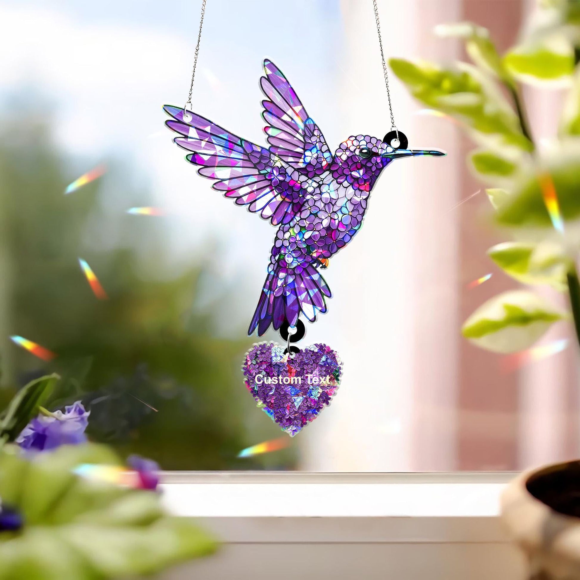 Custom Purple Lilac Hummingbird Acrylic Holographic Suncatcher Gift for Mom – Personalized Window Decor for Mother's Day
