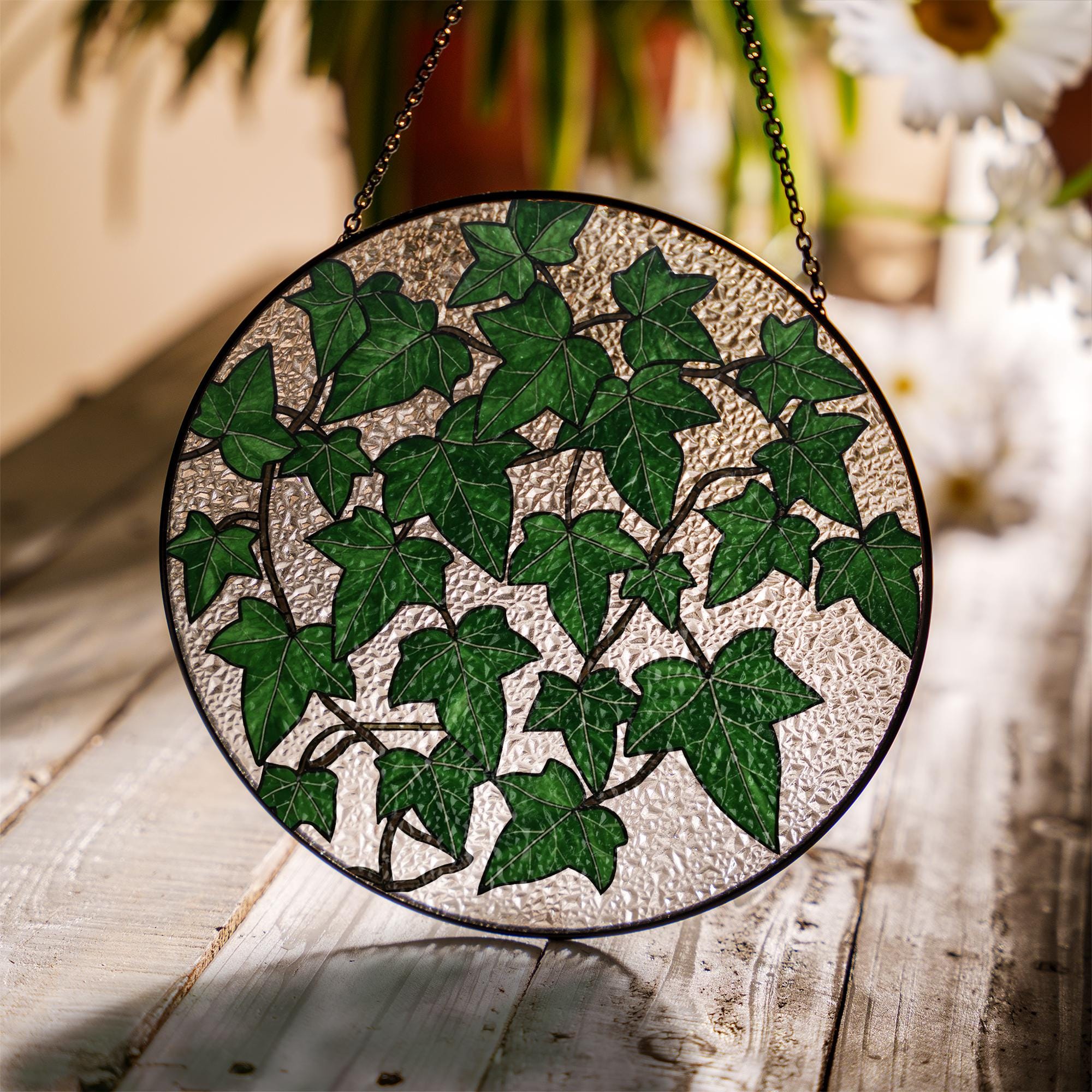 Ivy Leaves Glass Suncatcher, Green Leaf Window Panel, Nature Glass Decor, Botanical Home Art, Garden Lover Gift, Plant Mom Gift, Plant Lady