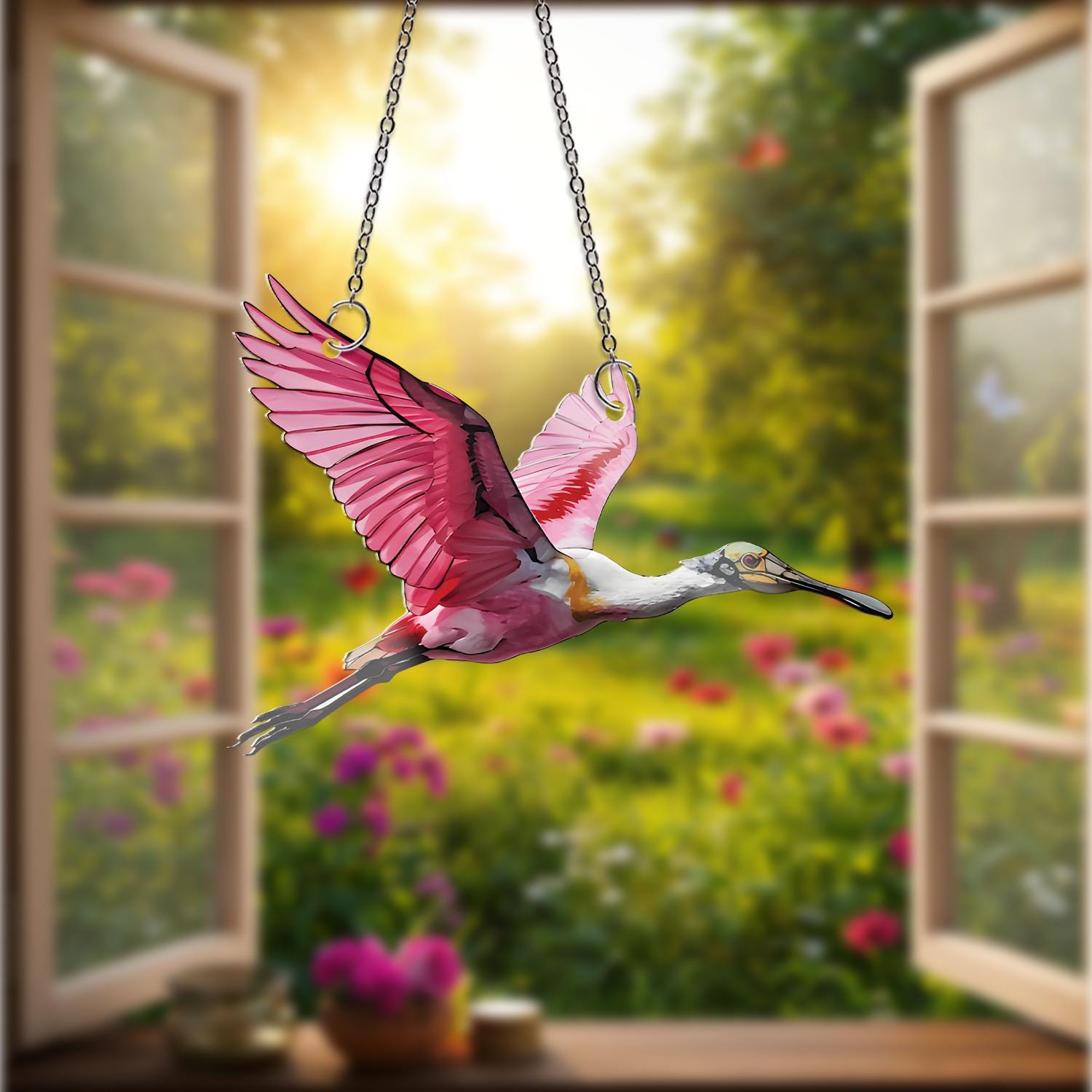 Flying Roseate Spoonbill ACRYLIC Window Hanging, Bird Window Decor, Bird Lover Gift, Bird Watching Gift, Pink Spoonbill Decor
