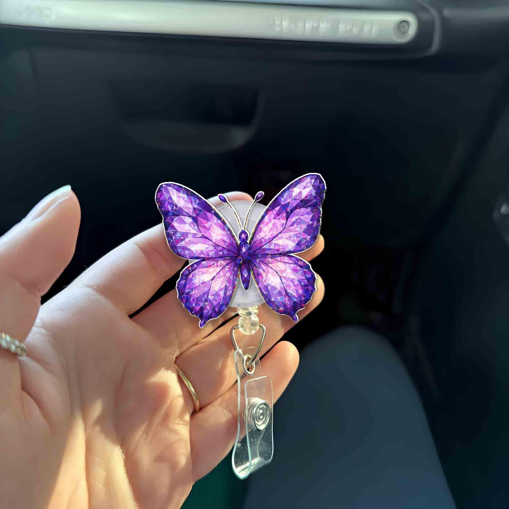 Purple Butterfly Badge Reel, Gem Style ID Clip, Cute Nurse Badge Holder, Sparkly Badge Accessory, Floral Work Gift, Retractable Reel