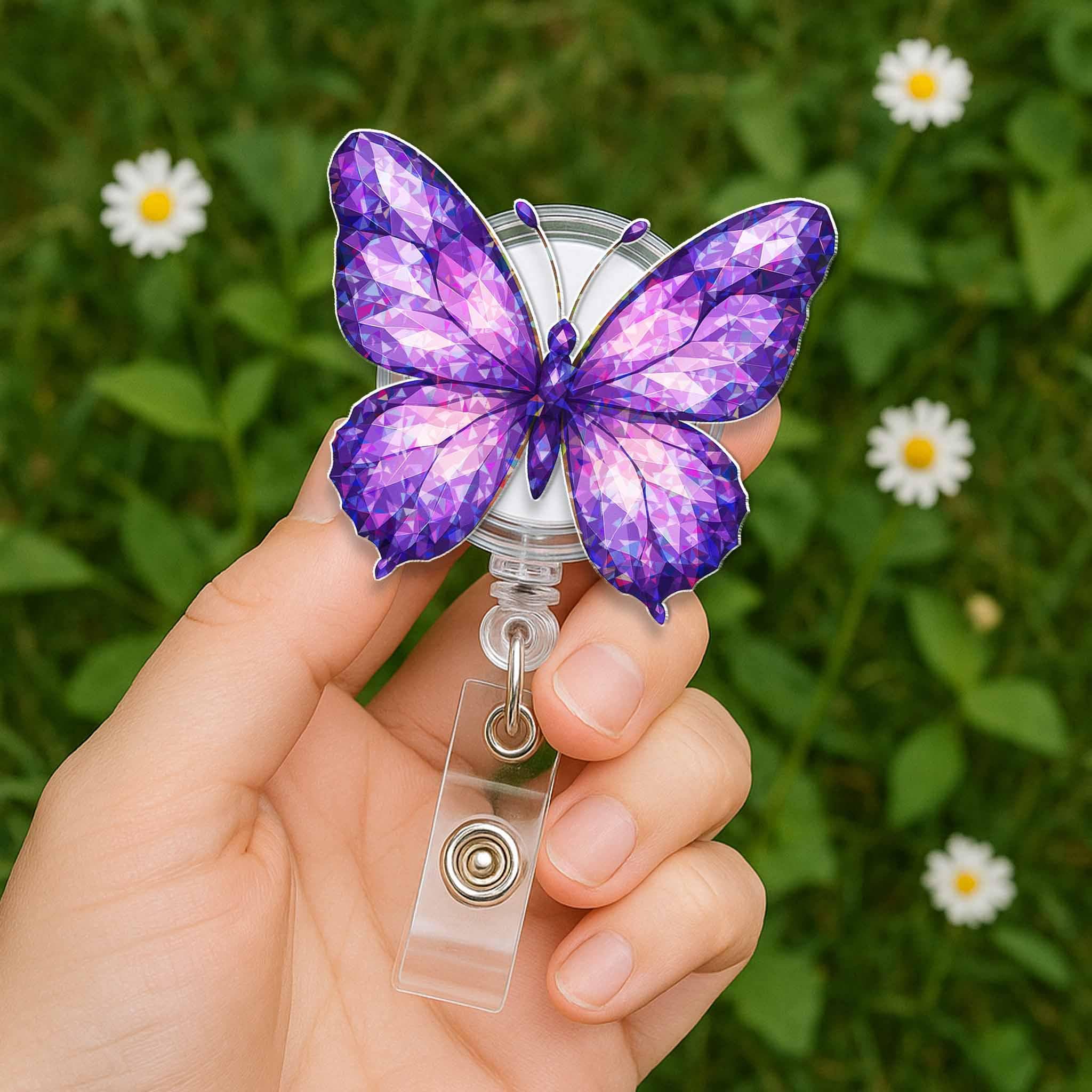 Purple Butterfly Badge Reel, Gem Style ID Clip, Cute Nurse Badge Holder, Sparkly Badge Accessory, Floral Work Gift, Retractable Reel