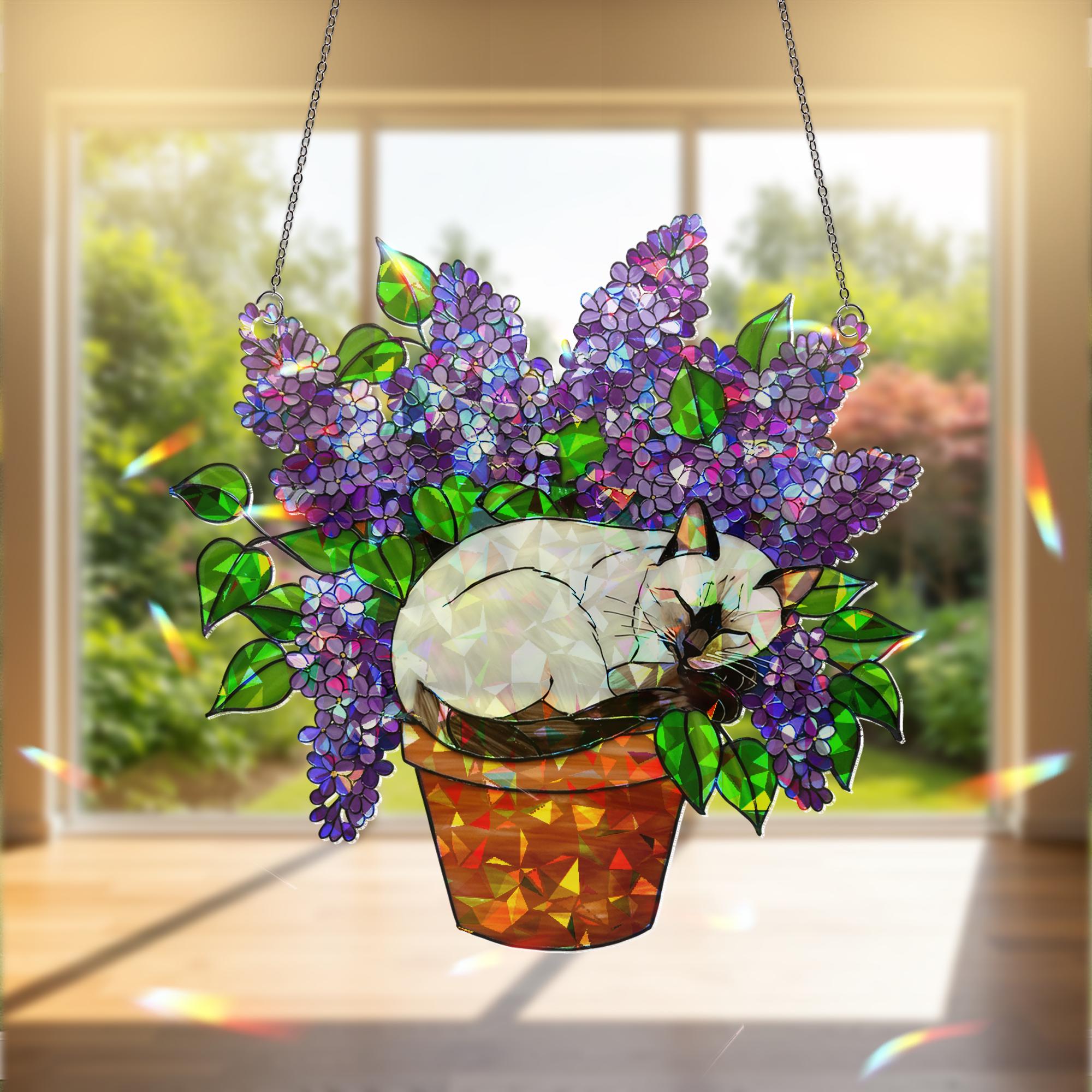 Holographic Siamese Cat Sleep in Lilac Flower Pot, Acrylic Window Hanging, Cat Mom Gift, Floral Cat Decor, Sleeping Cat Art, Cute Pet Gift