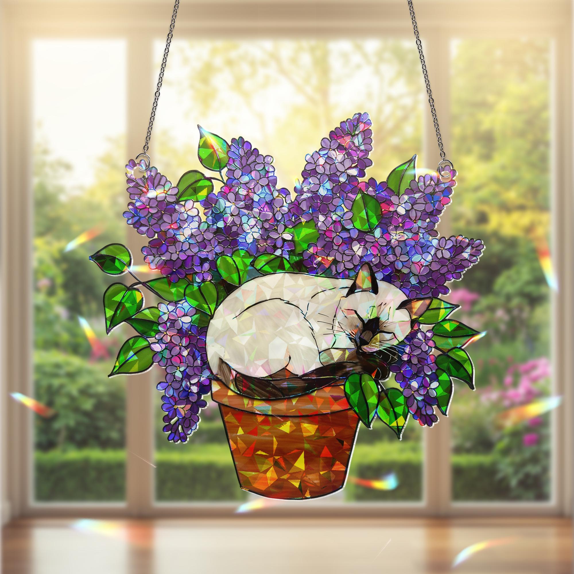 Holographic Siamese Cat Sleep in Lilac Flower Pot, Acrylic Window Hanging, Cat Mom Gift, Floral Cat Decor, Sleeping Cat Art, Cute Pet Gift