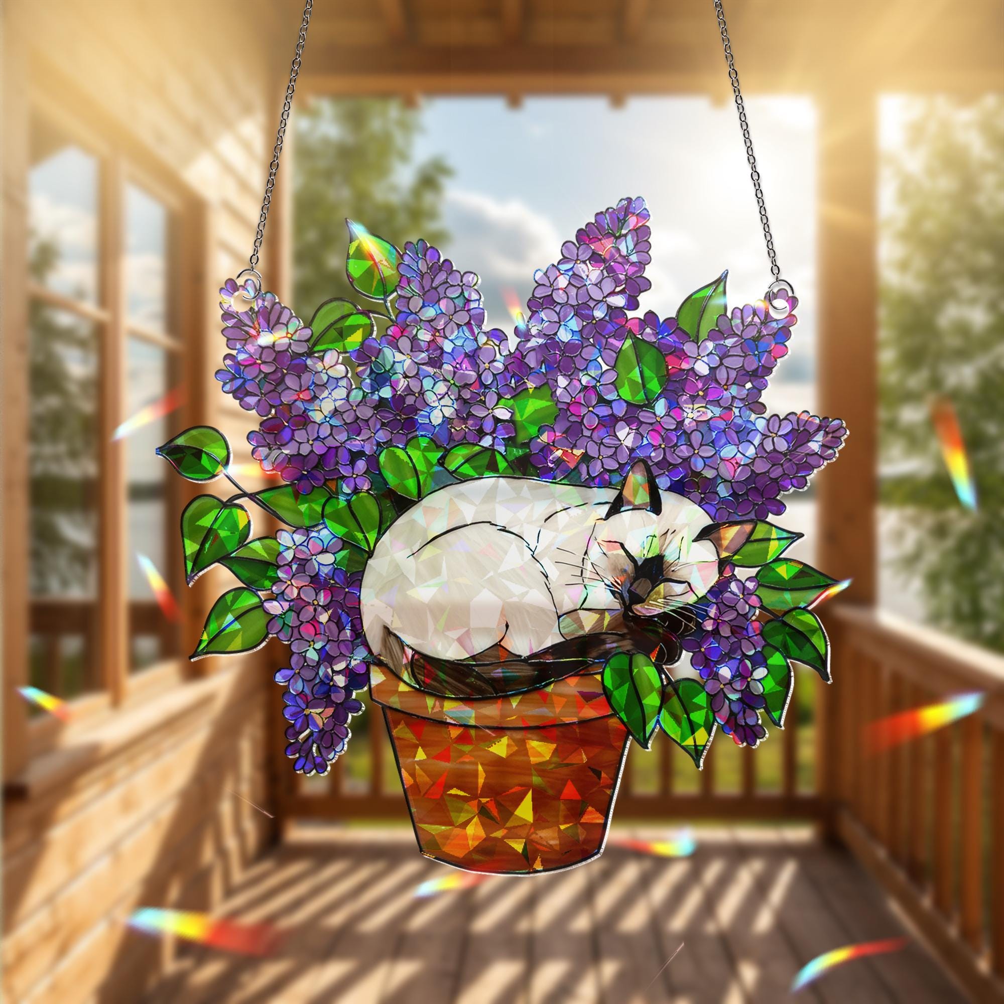 Holographic Siamese Cat Sleep in Lilac Flower Pot, Acrylic Window Hanging, Cat Mom Gift, Floral Cat Decor, Sleeping Cat Art, Cute Pet Gift