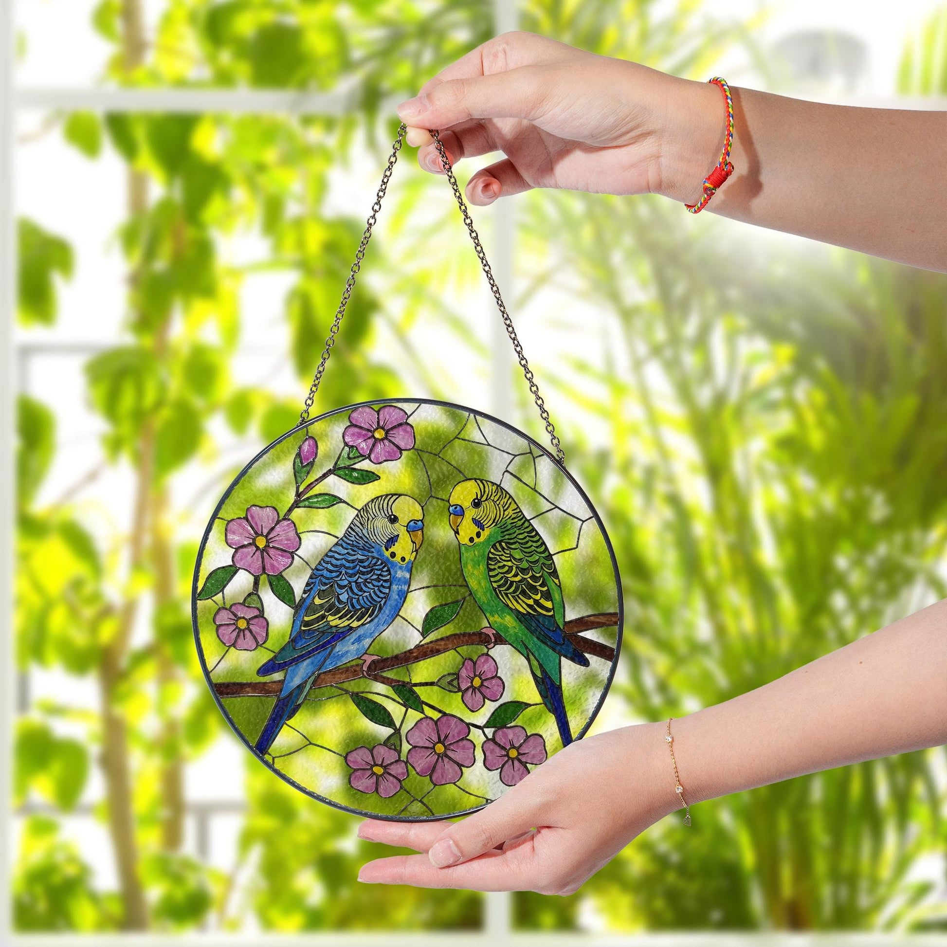 Budgie Couple Suncatcher, Parakeet Lovebirds Glass Window Decor, Glass Bird Ornament, Budgerigar Gift for Bird Lovers, Gift For Mom Grandma