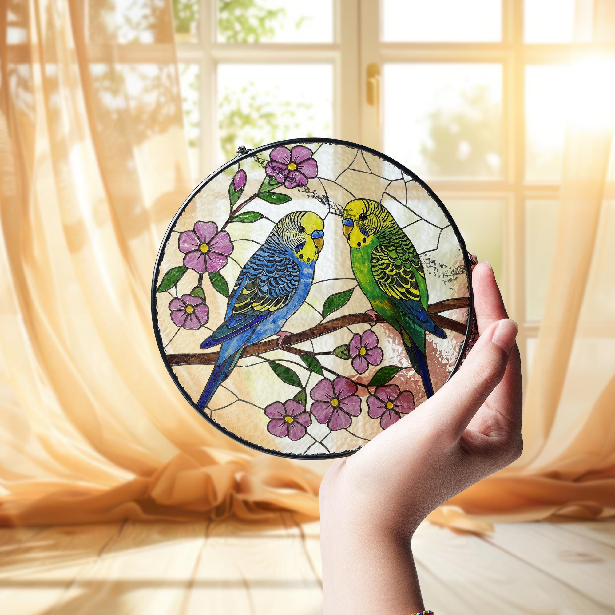 Budgie Couple Suncatcher, Parakeet Lovebirds Glass Window Decor, Glass Bird Ornament, Budgerigar Gift for Bird Lovers, Gift For Mom Grandma