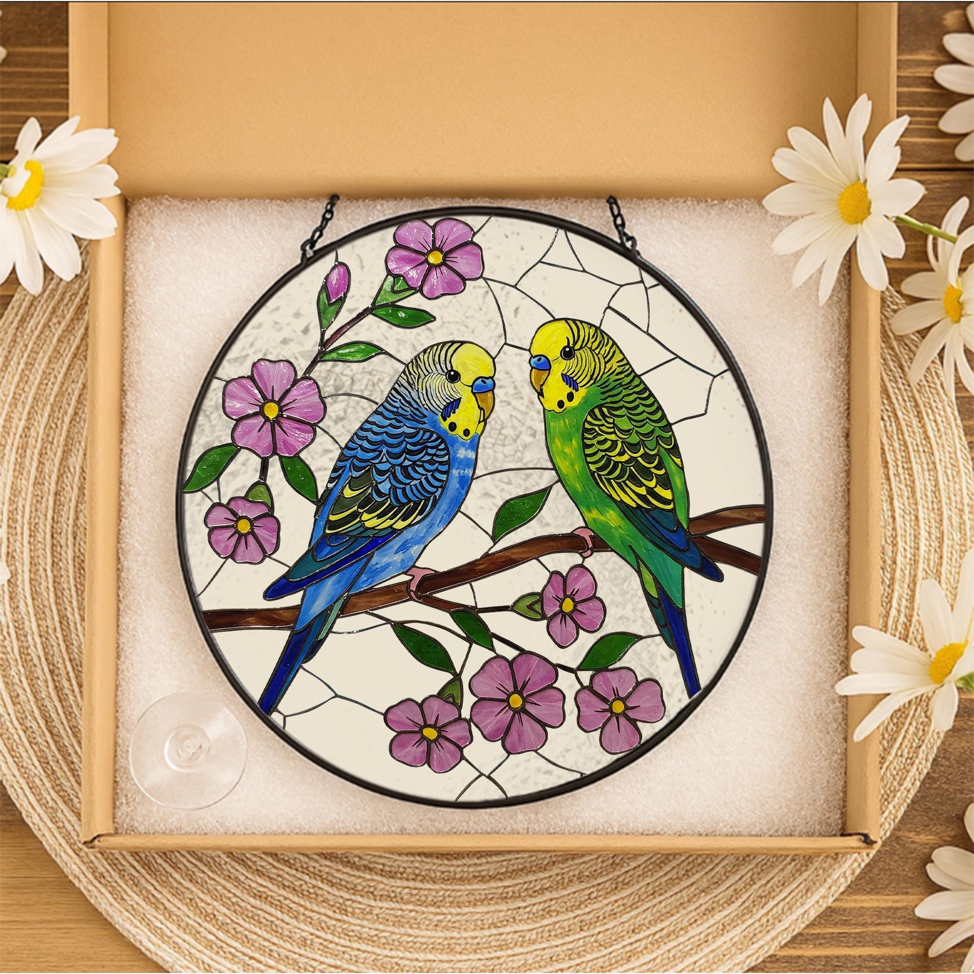 Budgie Couple Suncatcher, Parakeet Lovebirds Glass Window Decor, Glass Bird Ornament, Budgerigar Gift for Bird Lovers, Gift For Mom Grandma