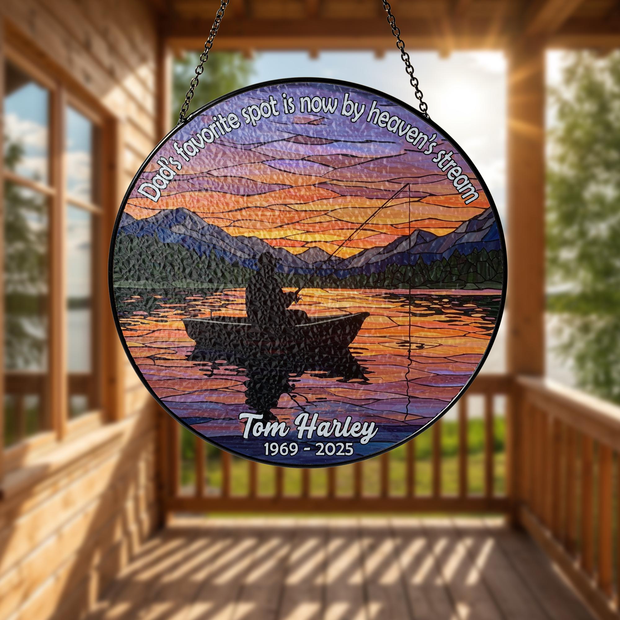 Fishing Dad Memorial GLASS Suncatcher, Remembrance Gift, Fisherman Tribute, Loss of Dad Gift, Glass Ornament, Memorial Decor