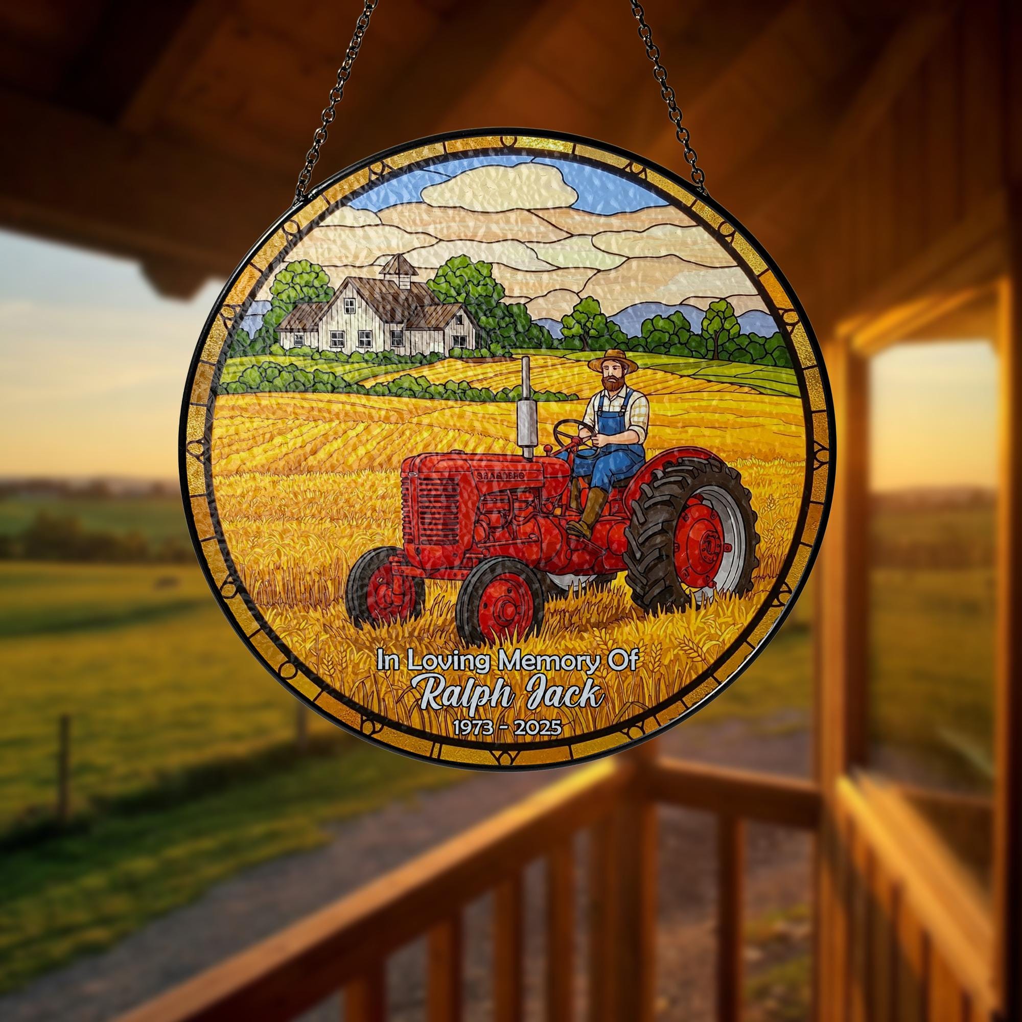 Memorial Dad Tractor Suncatcher, Farmer Glass Ornament, Rustic Farm Glass Window Decor, Gift for Dad, Country Living Art, Father's Day Gift