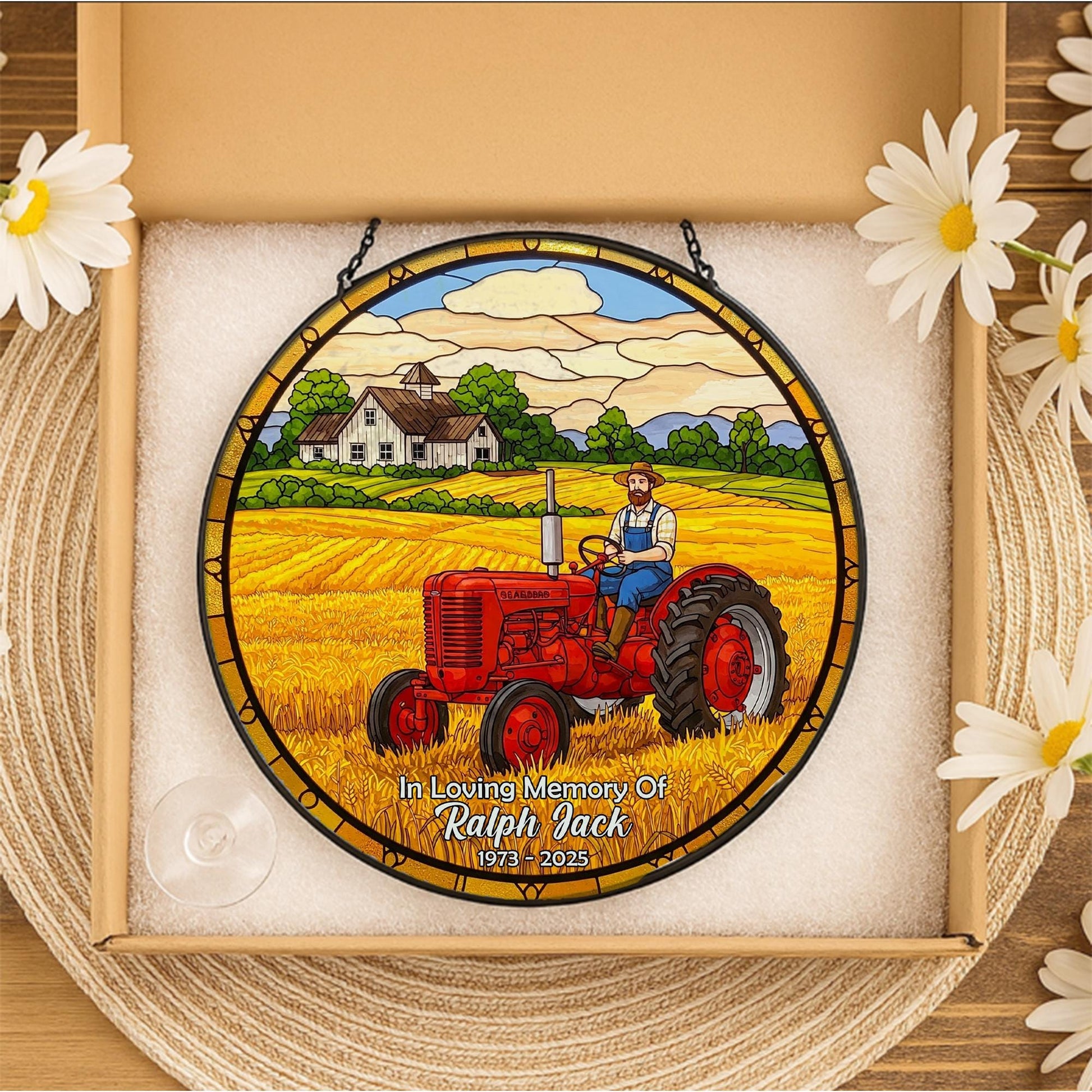 Memorial Dad Tractor Suncatcher, Farmer Glass Ornament, Rustic Farm Glass Window Decor, Gift for Dad, Country Living Art, Father's Day Gift