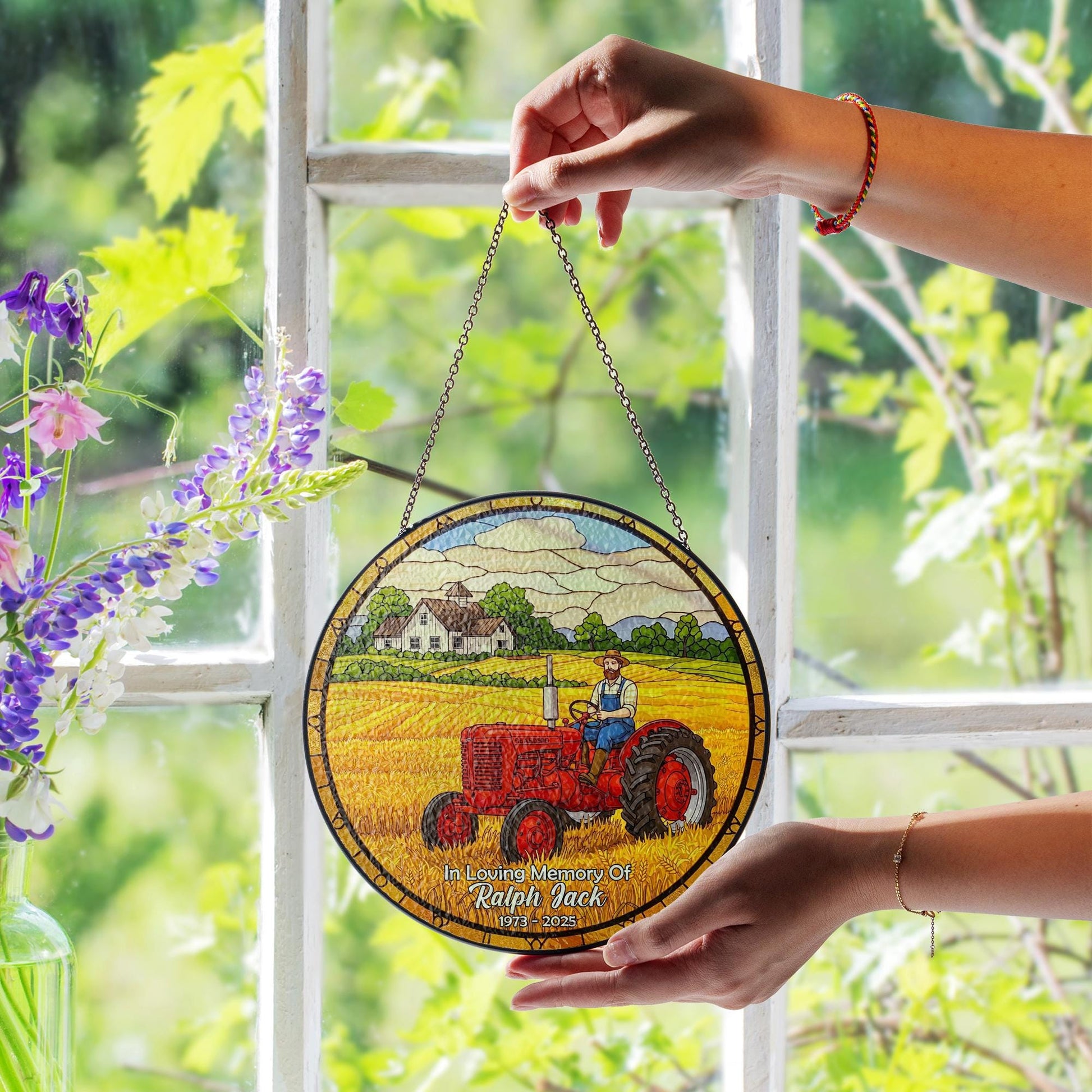 Memorial Dad Tractor Suncatcher, Farmer Glass Ornament, Rustic Farm Glass Window Decor, Gift for Dad, Country Living Art, Father's Day Gift