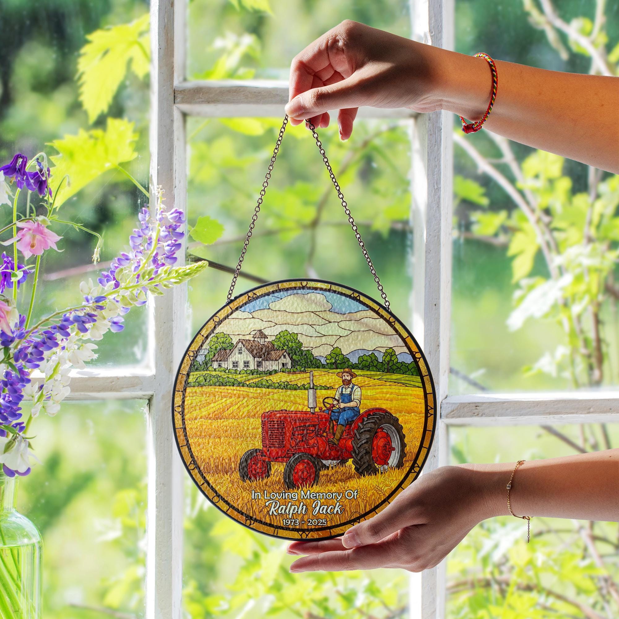 Memorial Dad Tractor Suncatcher, Farmer Glass Ornament, Rustic Farm Glass Window Decor, Gift for Dad, Country Living Art, Father's Day Gift