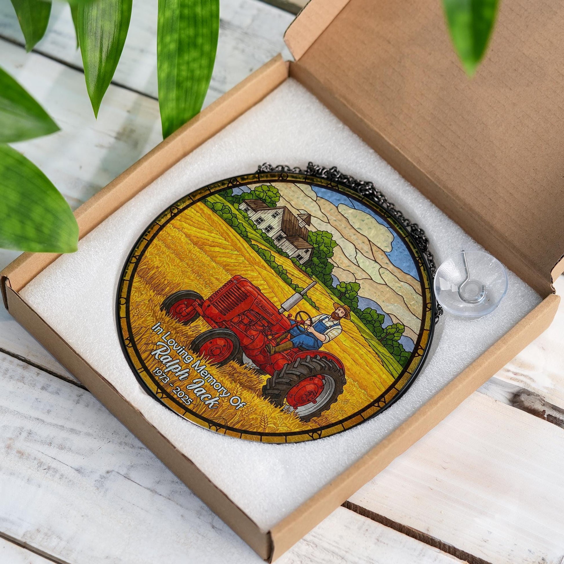 Memorial Dad Tractor Suncatcher, Farmer Glass Ornament, Rustic Farm Glass Window Decor, Gift for Dad, Country Living Art, Father's Day Gift