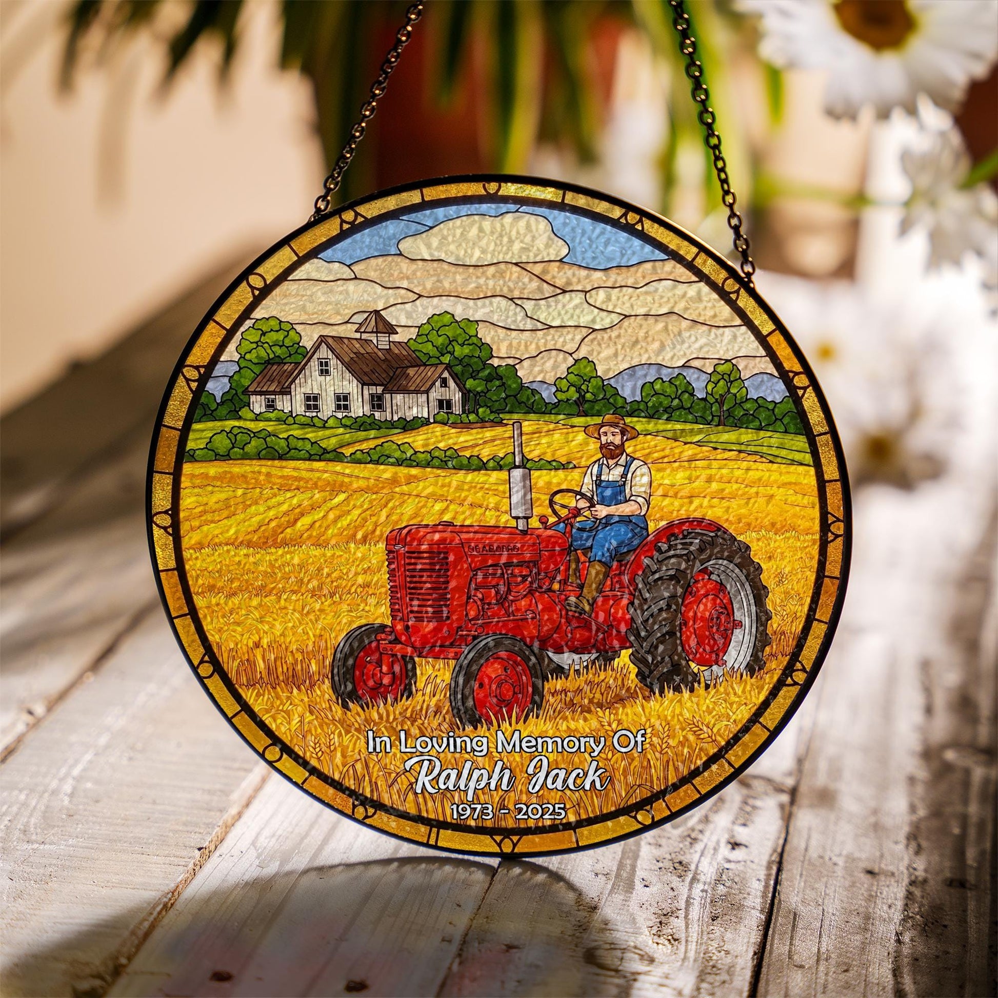 Memorial Dad Tractor Suncatcher, Farmer Glass Ornament, Rustic Farm Glass Window Decor, Gift for Dad, Country Living Art, Father's Day Gift