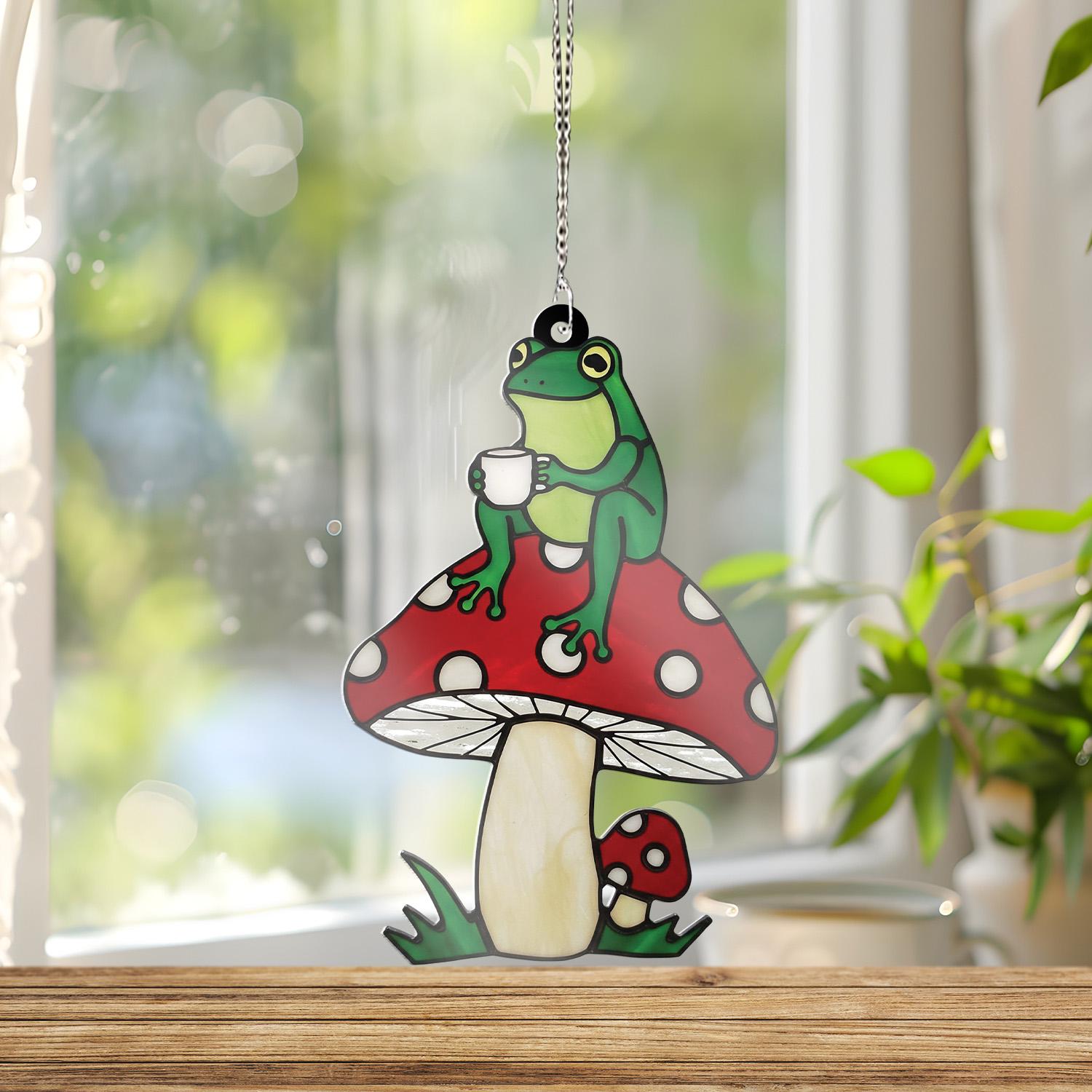 Frog on Mushroom ACRYLIC Window Hanging, Cute Coffee Frog Art, Whimsical Frog Window Decor, Cottagecore Frog Gift, Funny Home Decor